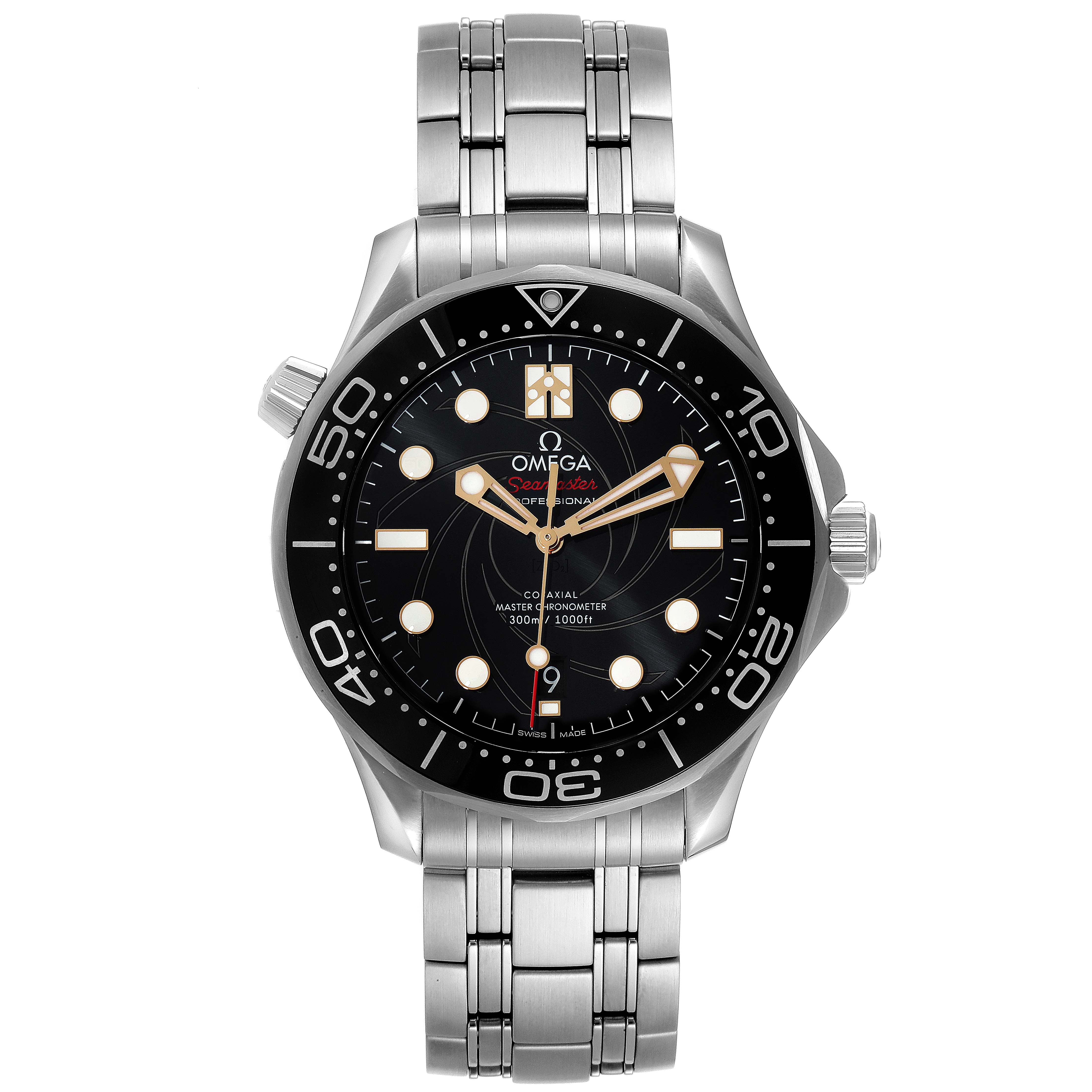 This image shows a front view of the Omega Seamaster 210.22.42.20.01.004 Men's Stainless Steel Black Dial 210.22.42.20.01.004 Men's Stainless Steel Black Dial watch, highlighting its face, bezel, and metal bracelet.