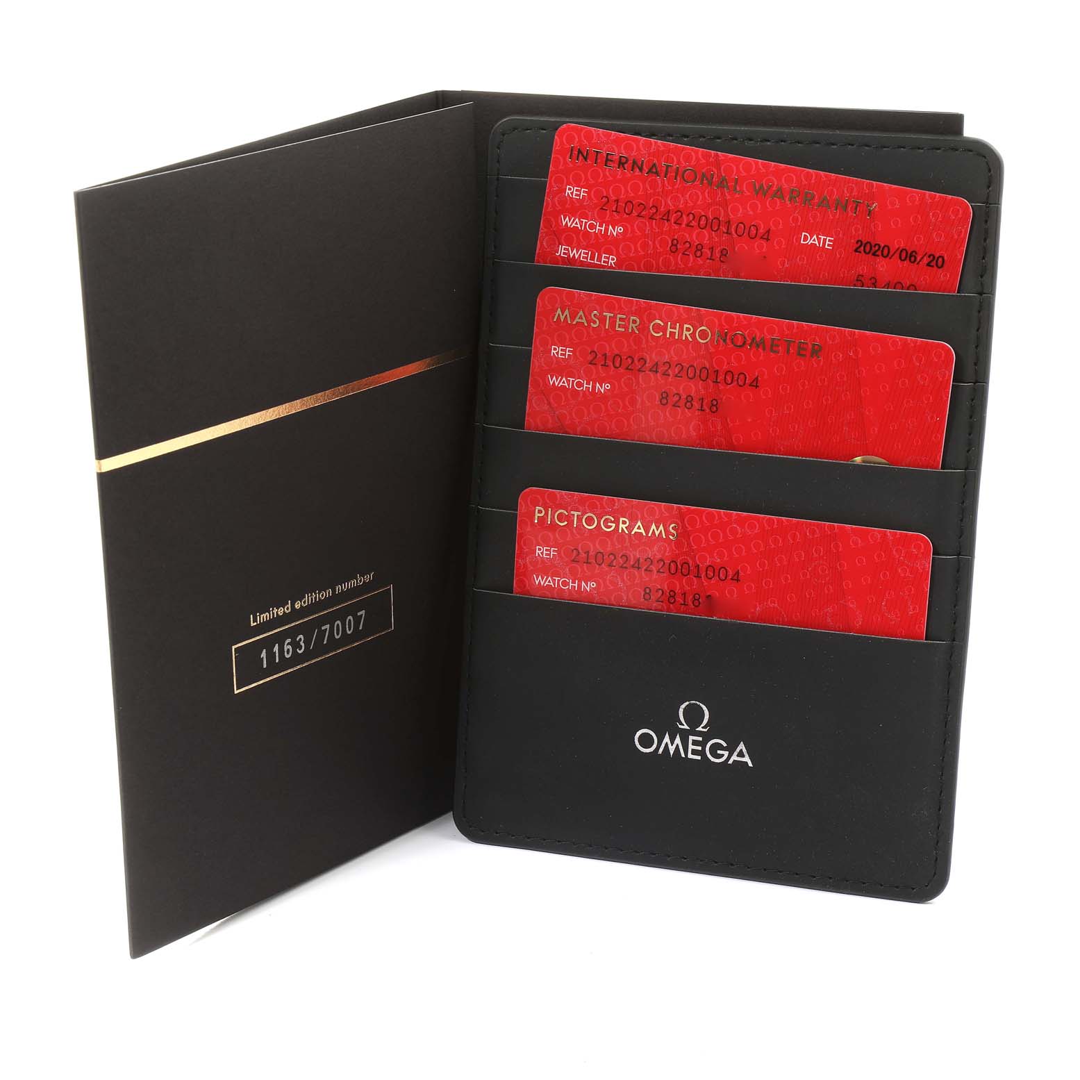 The image shows the warranty cards and documentation holder for the Omega Seamaster 210.22.42.20.01.004 Men's Stainless Steel Black Dial 210.22.42.20.01.004 Men's Stainless Steel Black Dial model from a front angle.