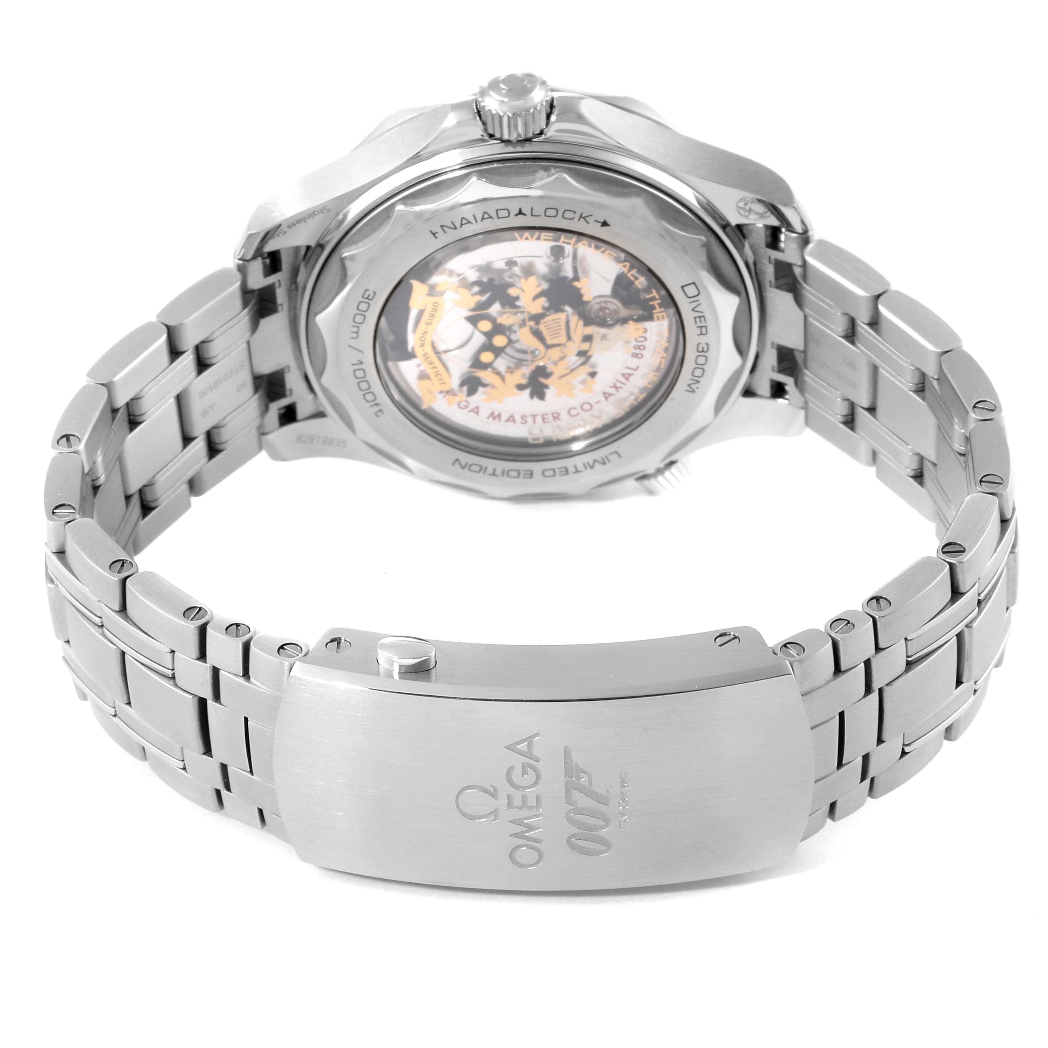 The image shows the backside and stainless steel band of the Omega Seamaster 210.22.42.20.01.004 Men's Stainless Steel Black Dial 210.22.42.20.01.004 Men's Stainless Steel Black Dial watch, highlighting its transparent case back and clasp.