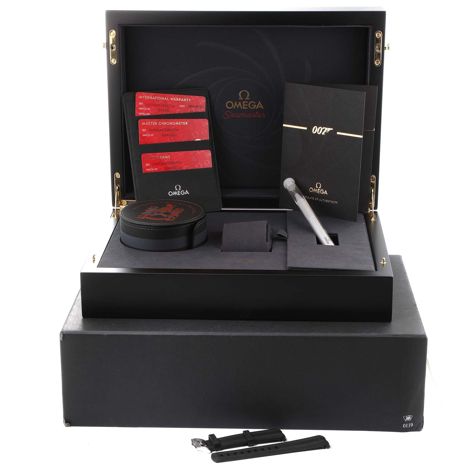 The image shows an Omega Seamaster 210.22.42.20.01.004 Men's Stainless Steel Black Dial 210.22.42.20.01.004 Men's Stainless Steel Black Dial watch accessories set, including warranty cards, a manual, a pen, and additional straps, in an open box.