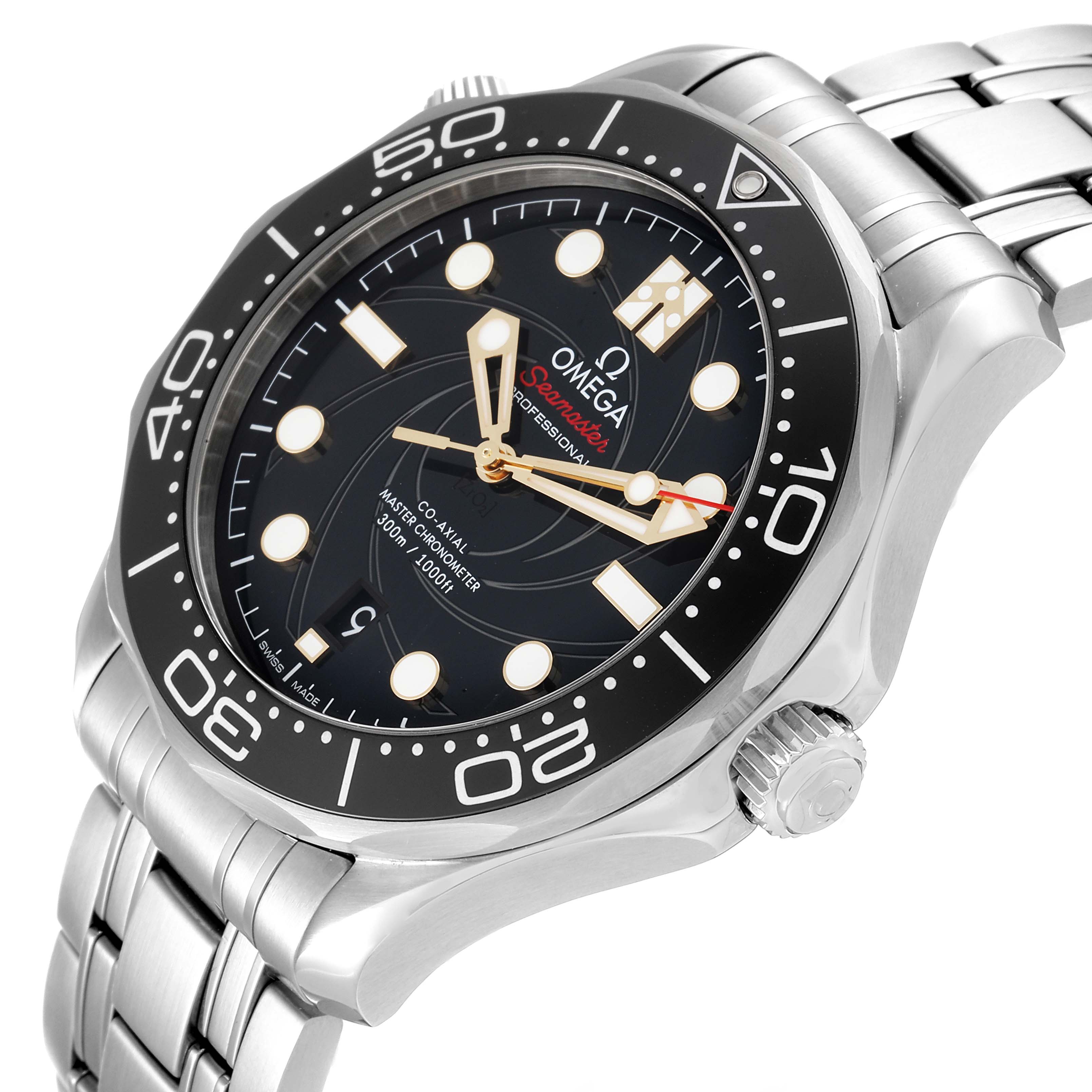 The Omega Seamaster 210.22.42.20.01.004 Men's Stainless Steel Black Dial 210.22.42.20.01.004 Men's Stainless Steel Black Dial watch is shown at an oblique angle, highlighting the face, bezel, and stainless steel bracelet.