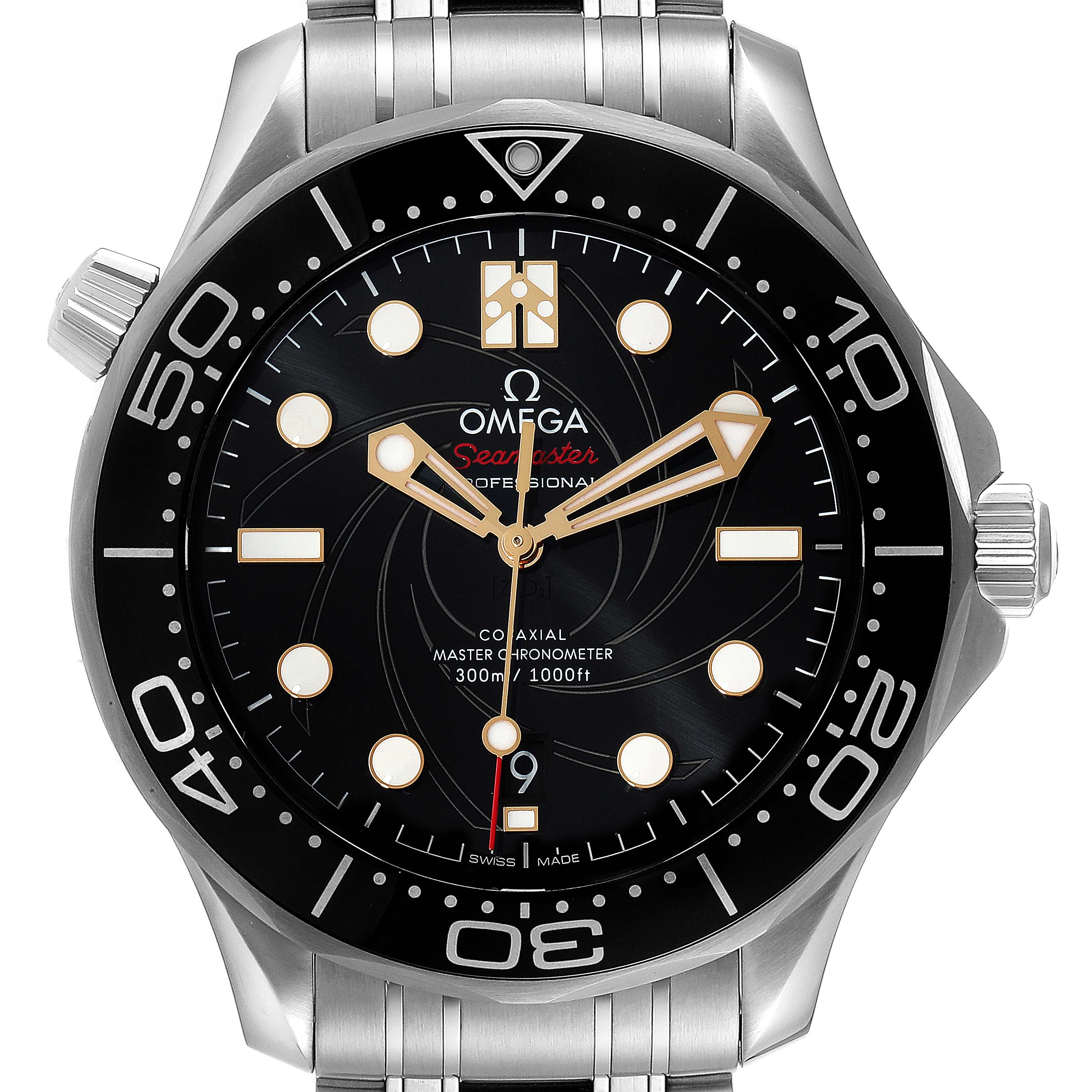 The image shows a front view of the Omega Seamaster 210.22.42.20.01.004 Men's Stainless Steel Black Dial 210.22.42.20.01.004 Men's Stainless Steel Black Dial watch, highlighting its dial, bezel, and part of the stainless steel bracelet.