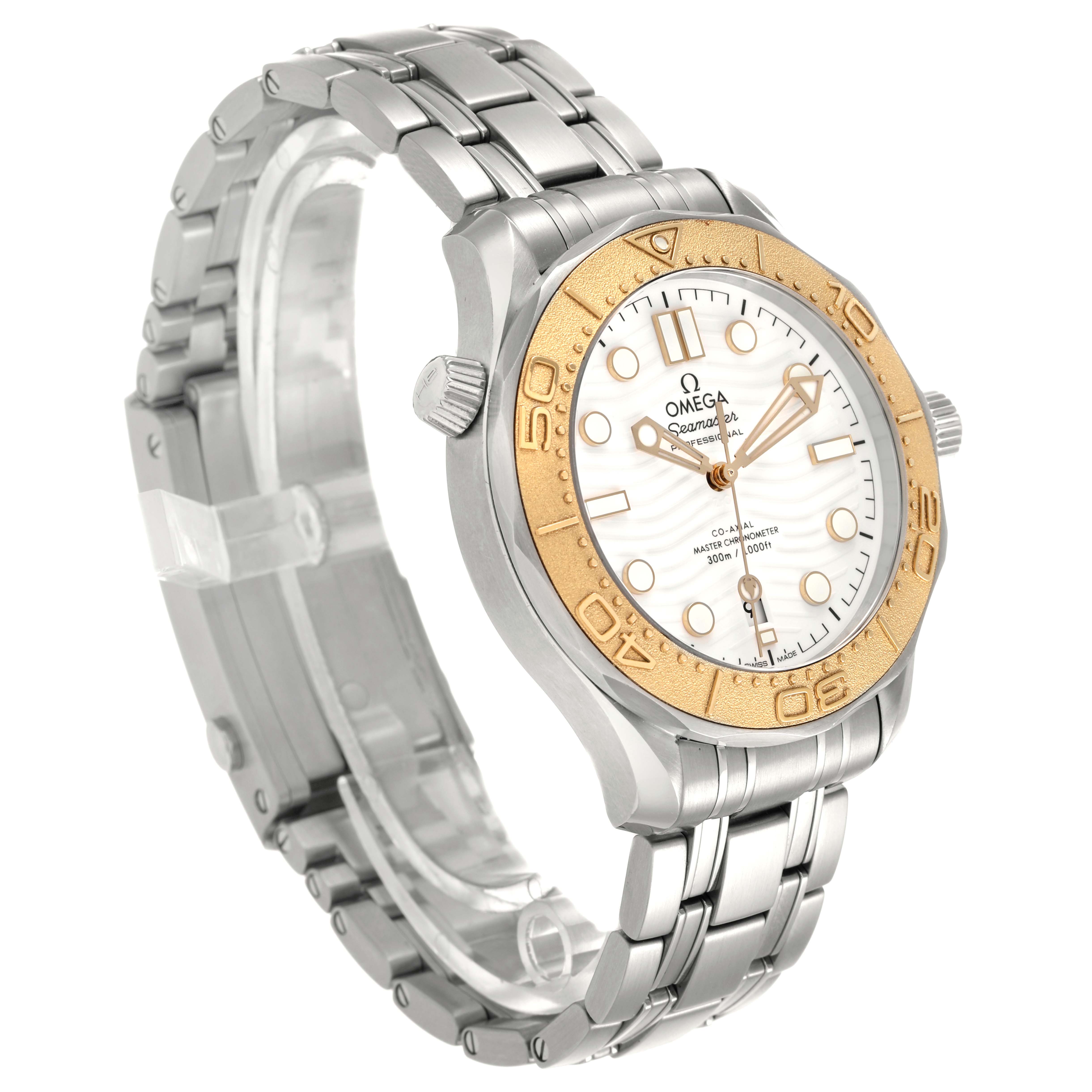 The Omega Seamaster 522.21.42.20.04.001 Men's Stainless Steel White Dial watch is shown at a three-quarter angle, displaying its bezel, dial, crown, and metal bracelet.