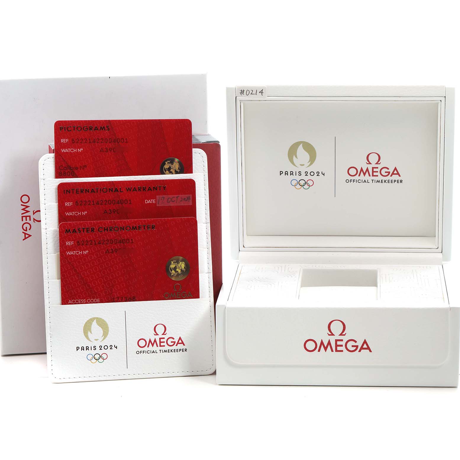 The image shows the Omega Seamaster 522.21.42.20.04.001 Men's Stainless Steel White Dial box, warranty cards, and accessories from a front angle.