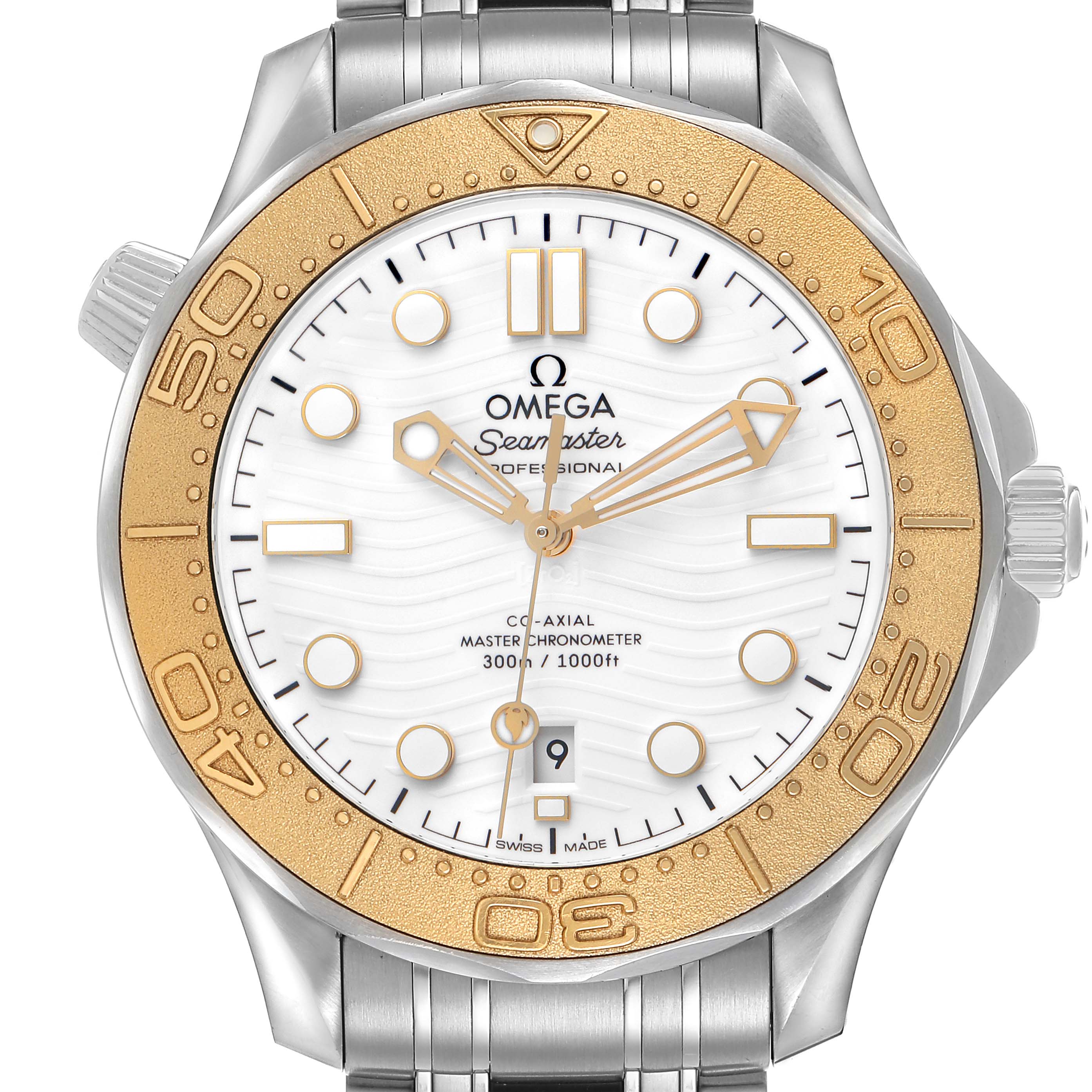 The Omega Seamaster 522.21.42.20.04.001 Men's Stainless Steel White Dial watch is shown from a front angle, highlighting its dial, bezel, and bracelet.