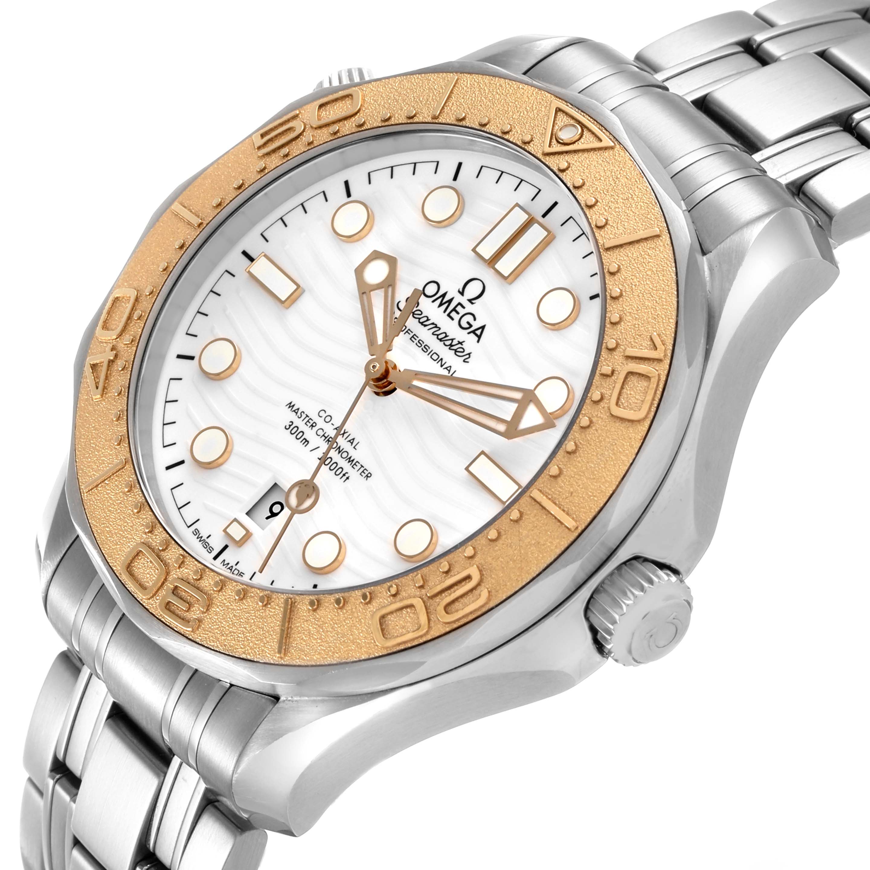 The Omega Seamaster 522.21.42.20.04.001 Men's Stainless Steel White Dial watch is shown at a three-quarter angle, highlighting the face, bezel, and part of the bracelet.