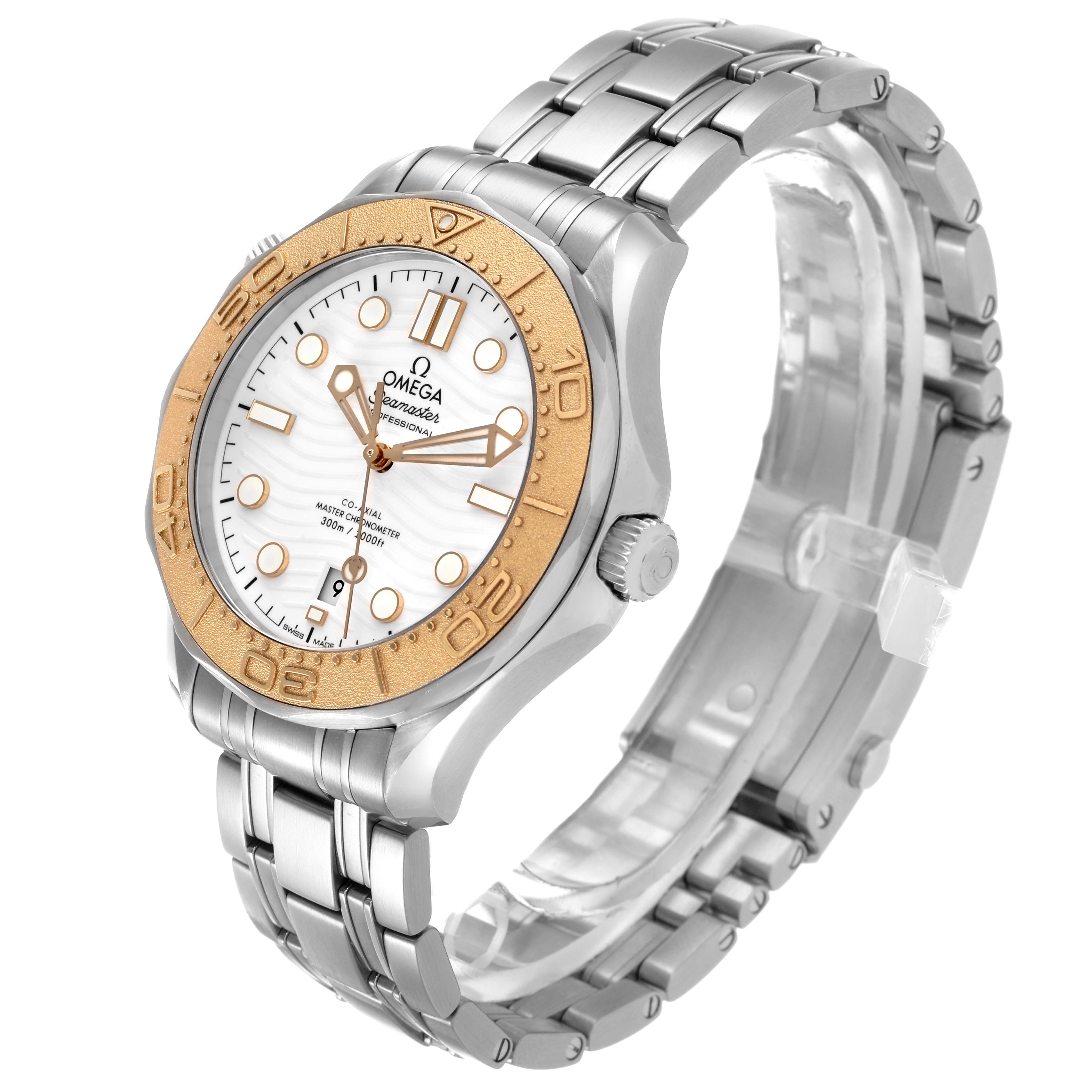 The Omega Seamaster 522.21.42.20.04.001 Men's Stainless Steel White Dial watch is shown at a three-quarter angle, highlighting the bracelet, bezel, and face with a side view of the crown.