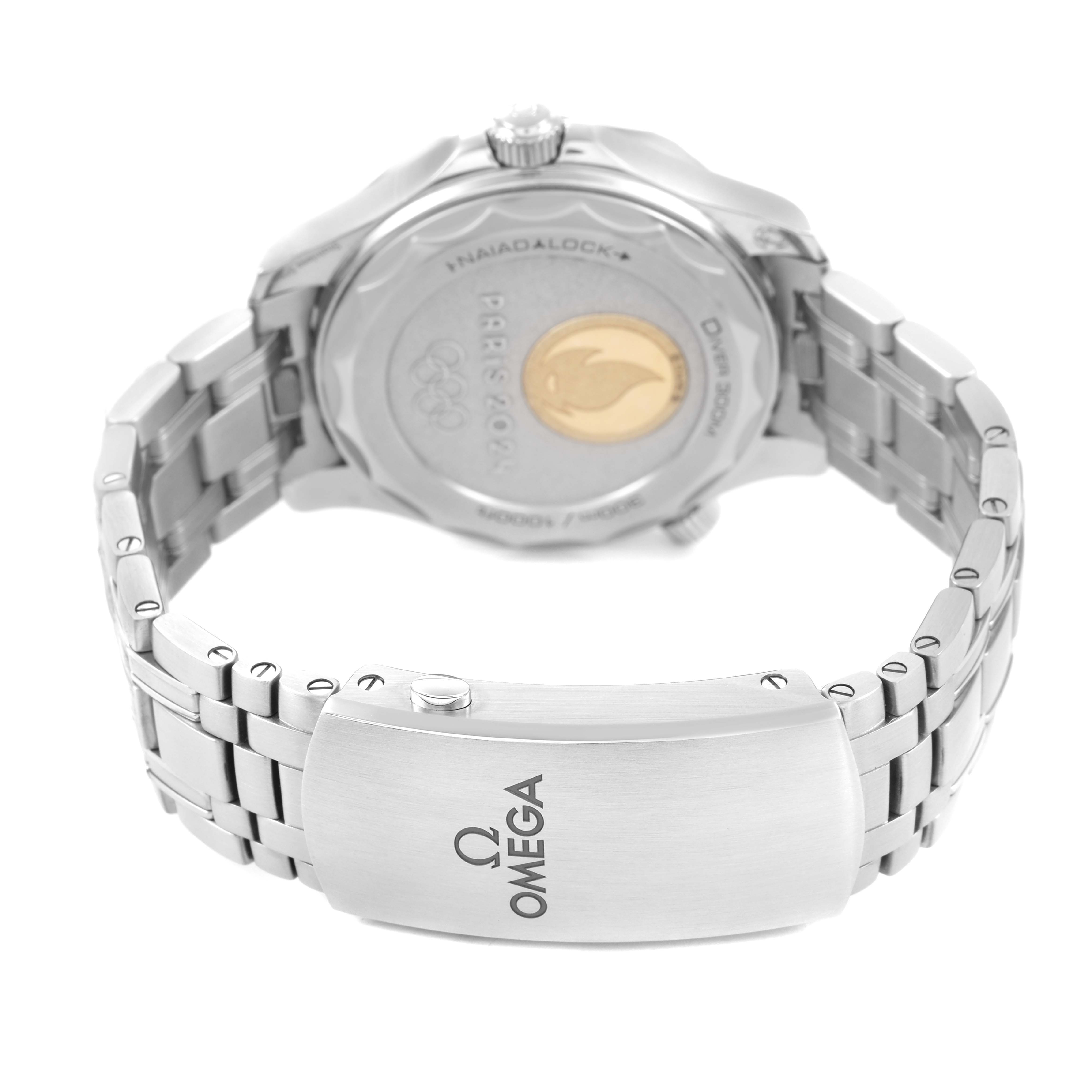 The image shows the back view of the Omega Seamaster 522.21.42.20.04.001 Men's Stainless Steel White Dial, highlighting the clasp and case back.