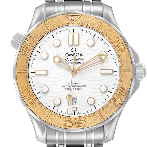 The Omega Seamaster 522.21.42.20.04.001 Men's Stainless Steel White Dial watch is shown from the front, highlighting the bezel, dial, hands, and bracelet.