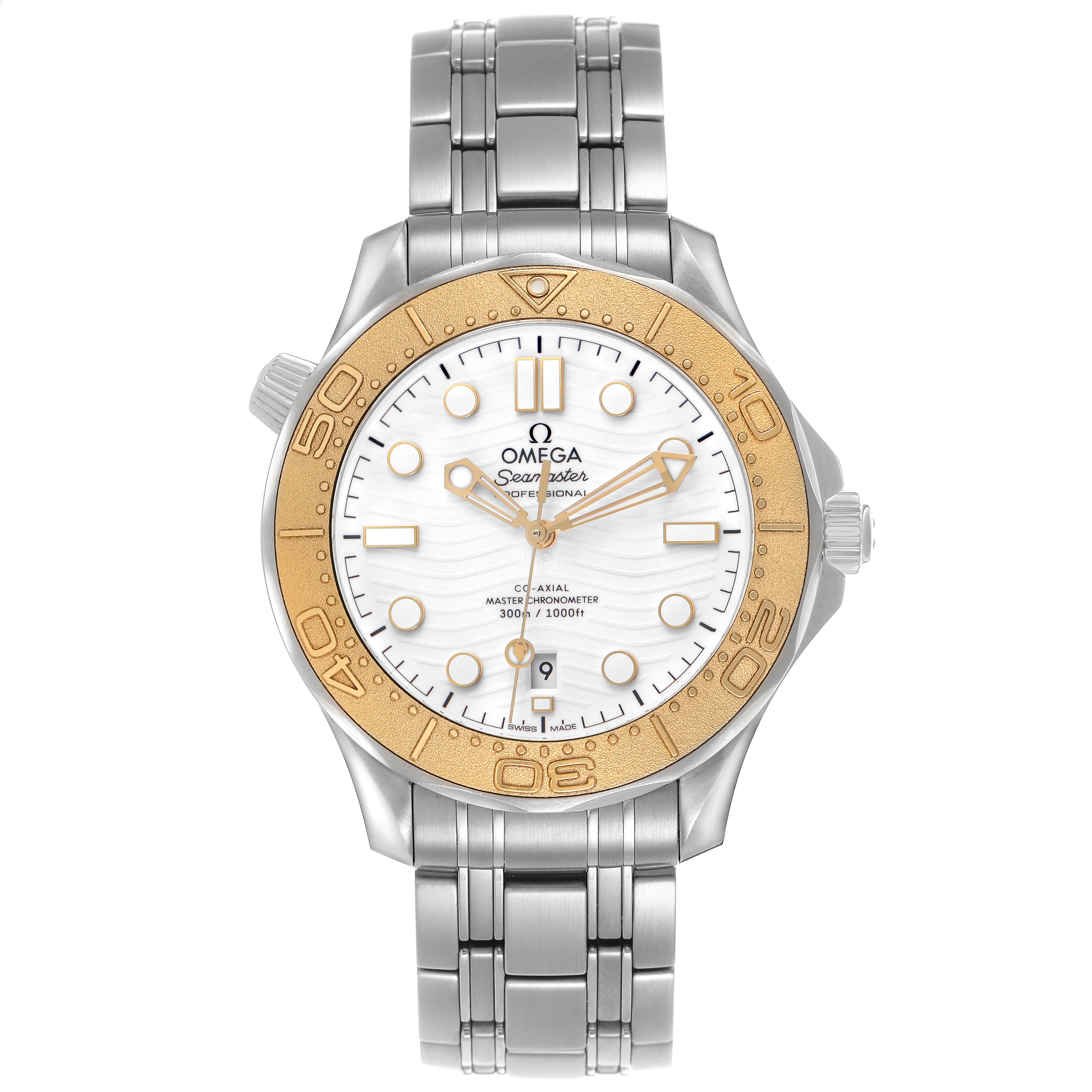 The Omega Seamaster 522.21.42.20.04.001 Men's Stainless Steel White Dial watch is shown from the front, displaying its face, bezel, crown, and bracelet.