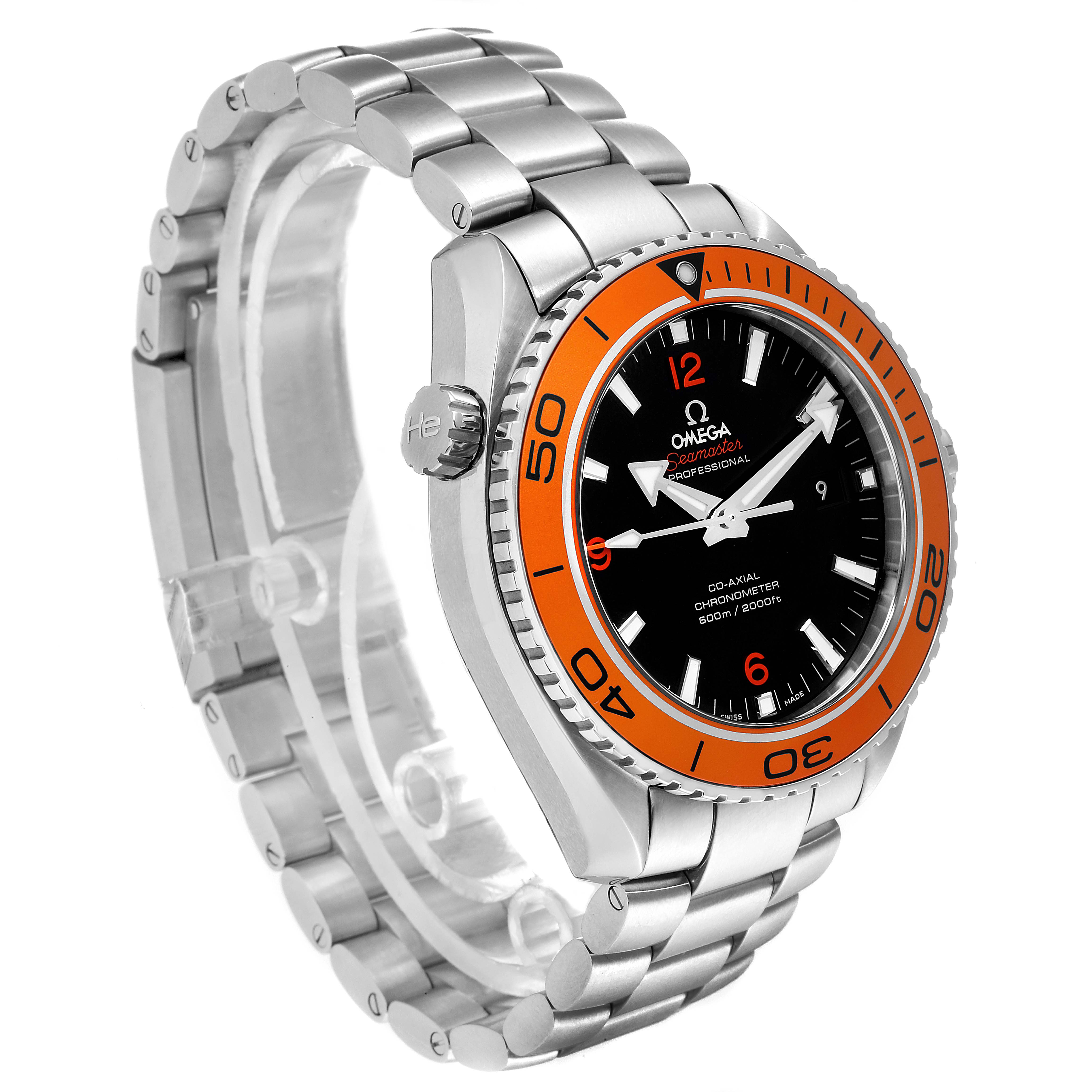 The image shows a side and front angle of an Omega Seamaster 232.30.46.21.01.002 Men's Stainless Steel Black Dial 232.30.46.21.01.002 Men's Stainless Steel Black Dial watch, highlighting its bezel, dial, and bracelet.