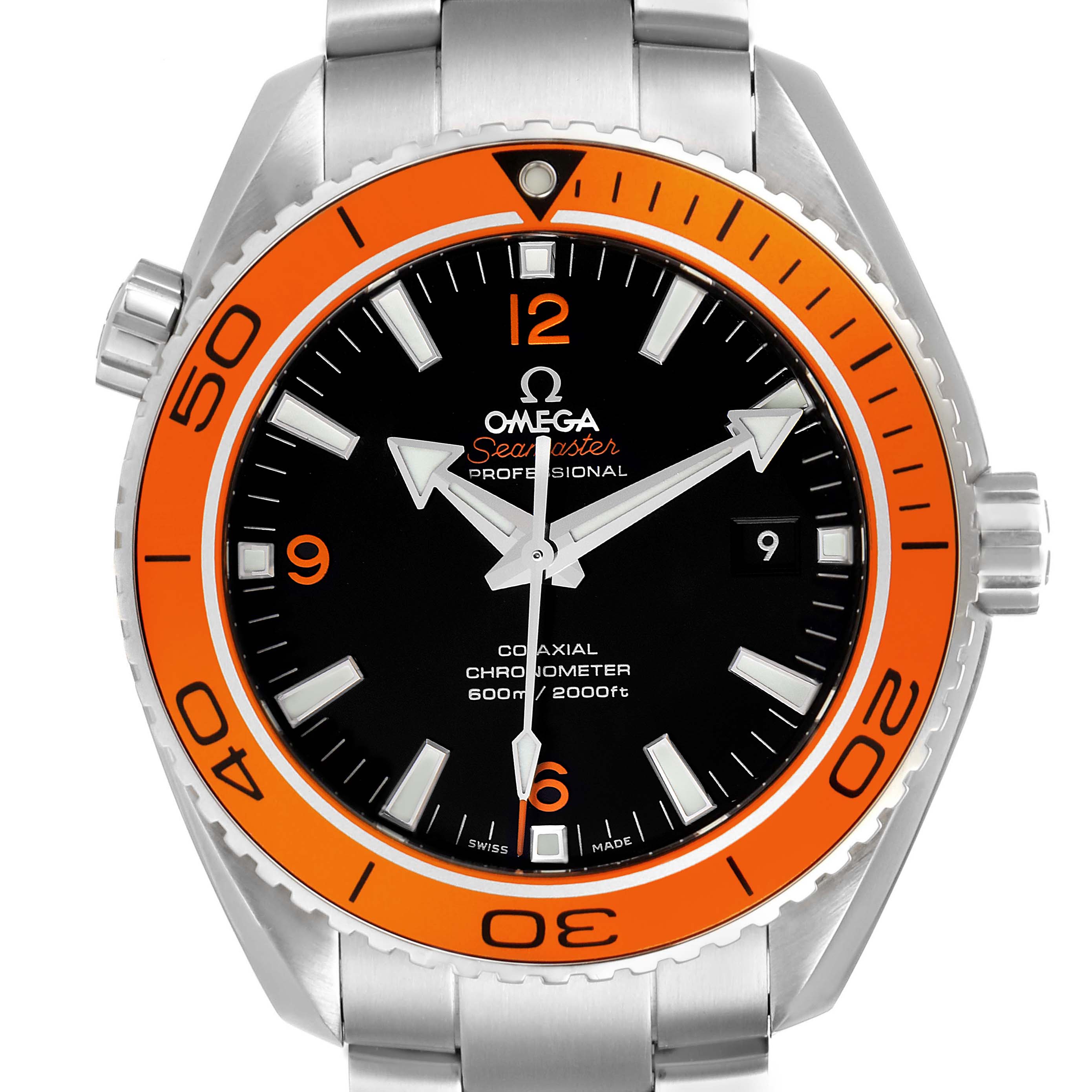 The Omega Seamaster 232.30.46.21.01.002 Men's Stainless Steel Black Dial 232.30.46.21.01.002 Men's Stainless Steel Black Dial watch is shown from the front, displaying the dial, bezel, hands, and part of the stainless steel bracelet.