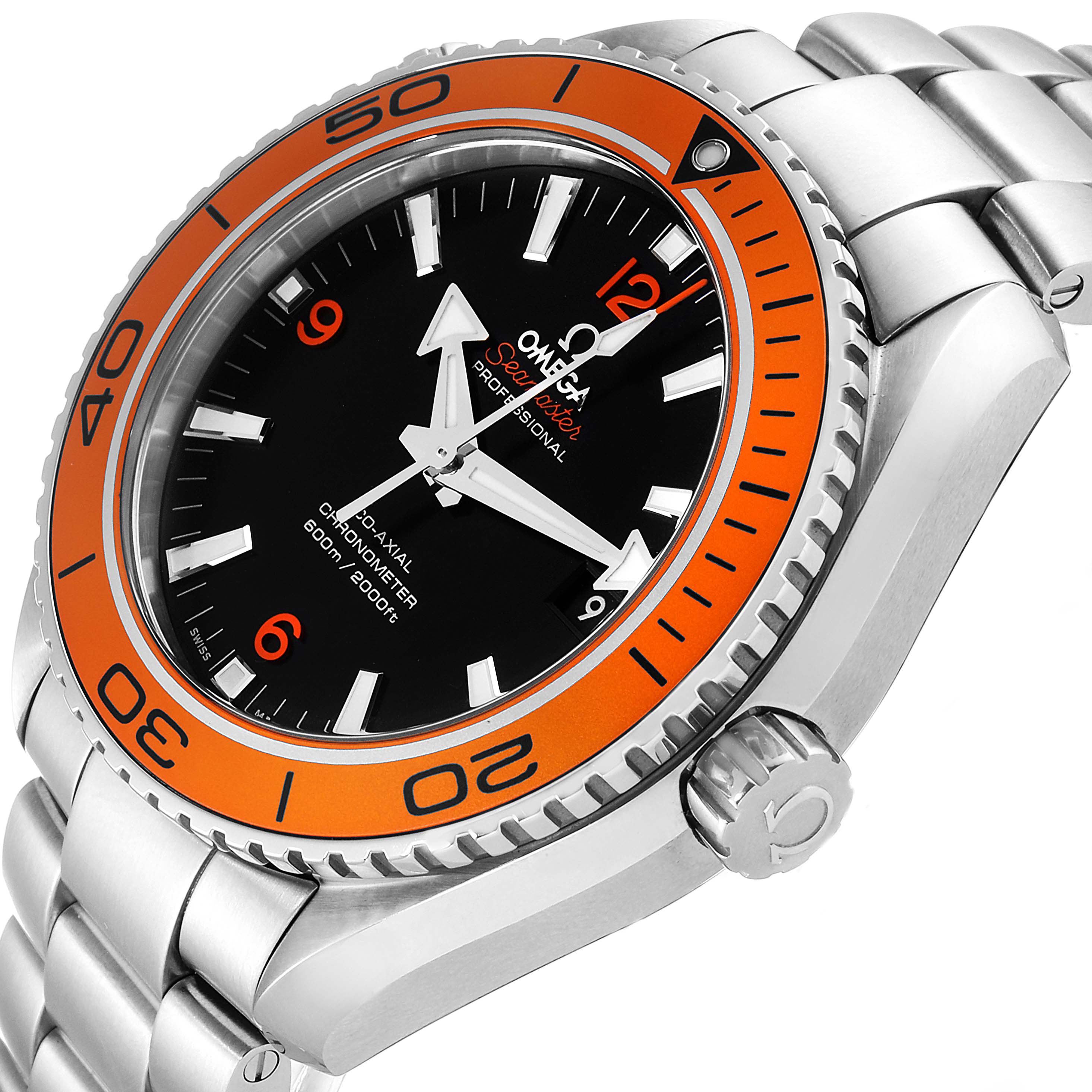 The image shows an angled view of an Omega Seamaster 232.30.46.21.01.002 Men's Stainless Steel Black Dial 232.30.46.21.01.002 Men's Stainless Steel Black Dial watch featuring its orange bezel, black dial, and stainless steel bracelet.