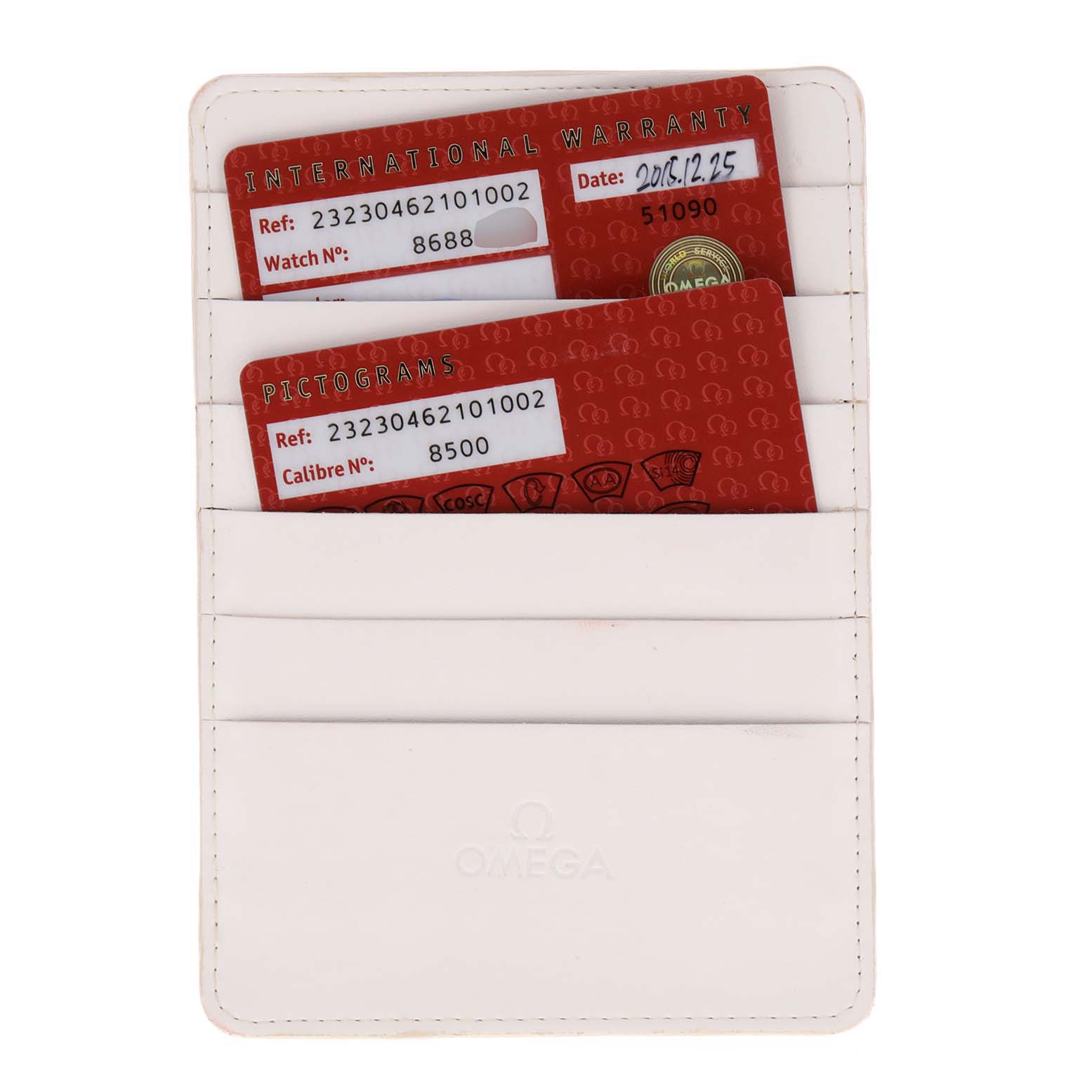 The image shows an Omega cardholder with Seamaster model warranty and pictograms cards, viewed from above.