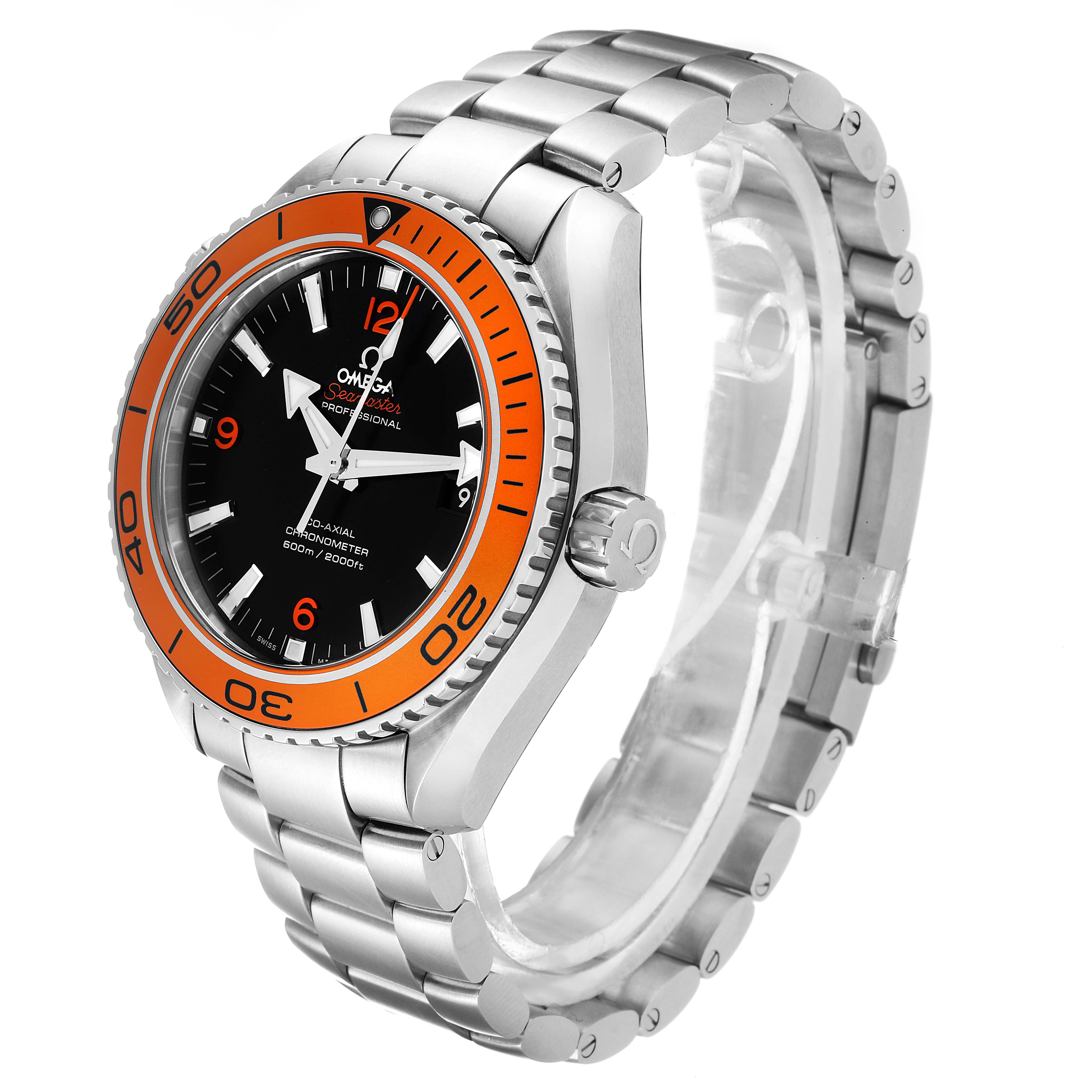 The image shows a side-angle view of an Omega Seamaster 232.30.46.21.01.002 Men's Stainless Steel Black Dial 232.30.46.21.01.002 Men's Stainless Steel Black Dial watch, featuring its dial, bezel, crown, and bracelet.