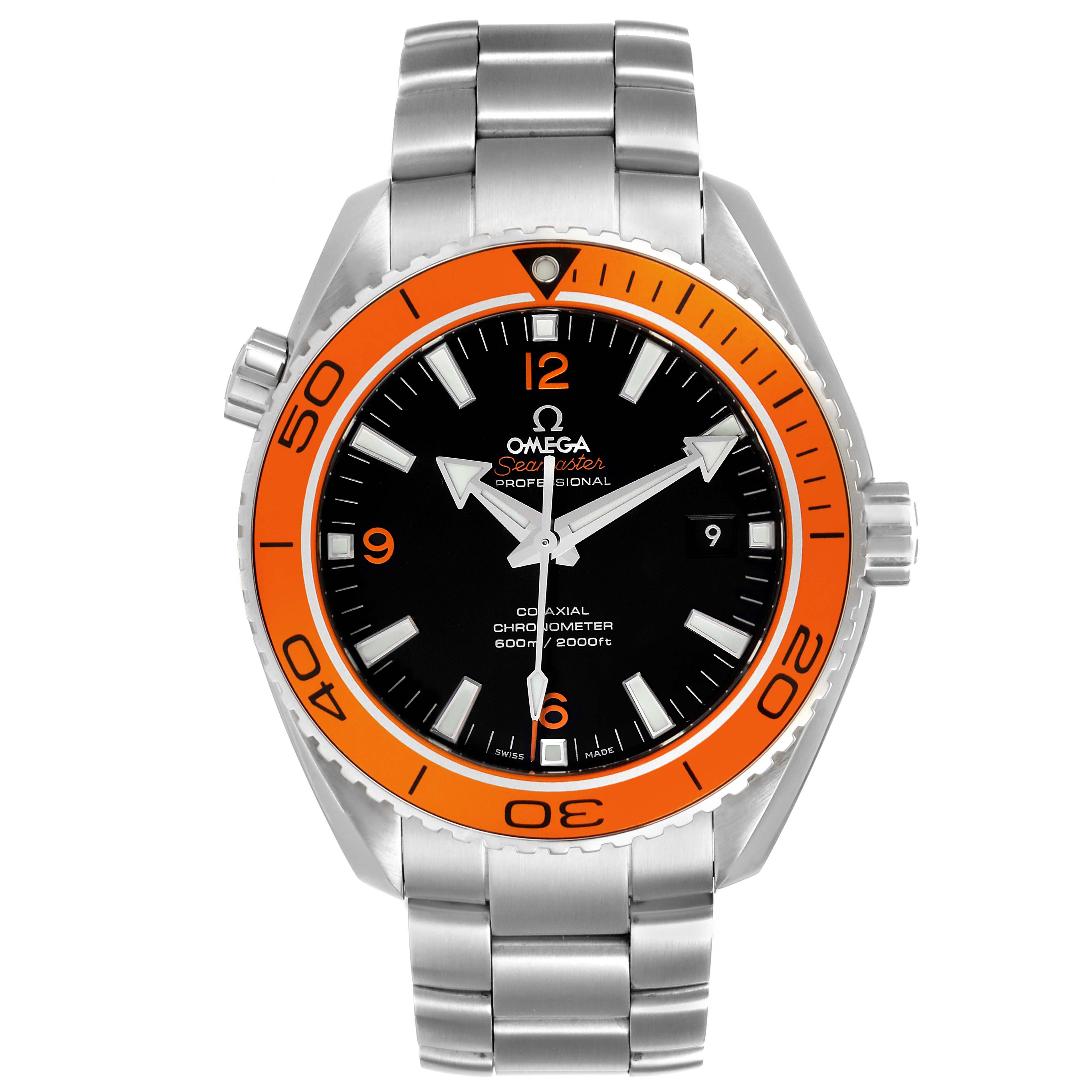 This image shows a full frontal view of the Omega Seamaster 232.30.46.21.01.002 Men's Stainless Steel Black Dial 232.30.46.21.01.002 Men's Stainless Steel Black Dial watch, highlighting its orange bezel and stainless steel bracelet.