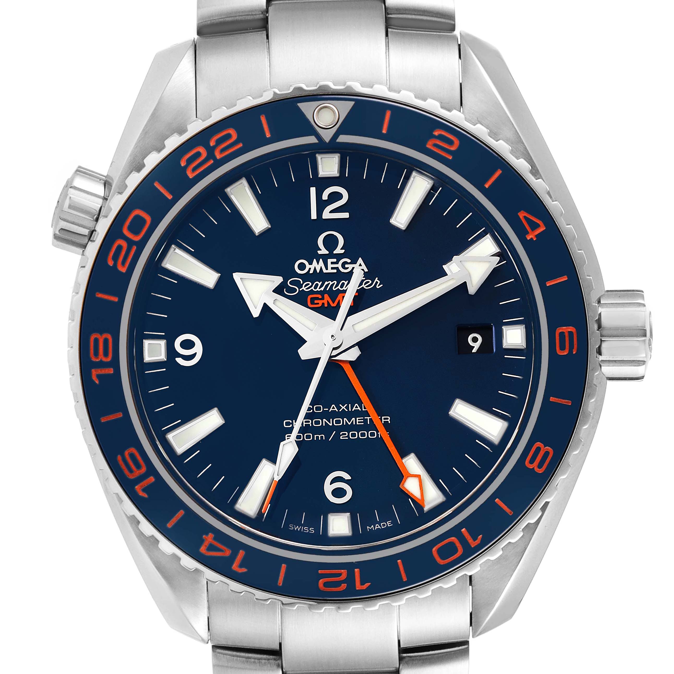 The image shows the front view of the Omega Planet Ocean 232.30.44.22.03.001 Men's Stainless Steel Blue Dial 232.30.44.22.03.001 Men's Stainless Steel Blue Dial Seamaster watch, displaying its face, hands, bezel, and part of its stainless steel bracelet.