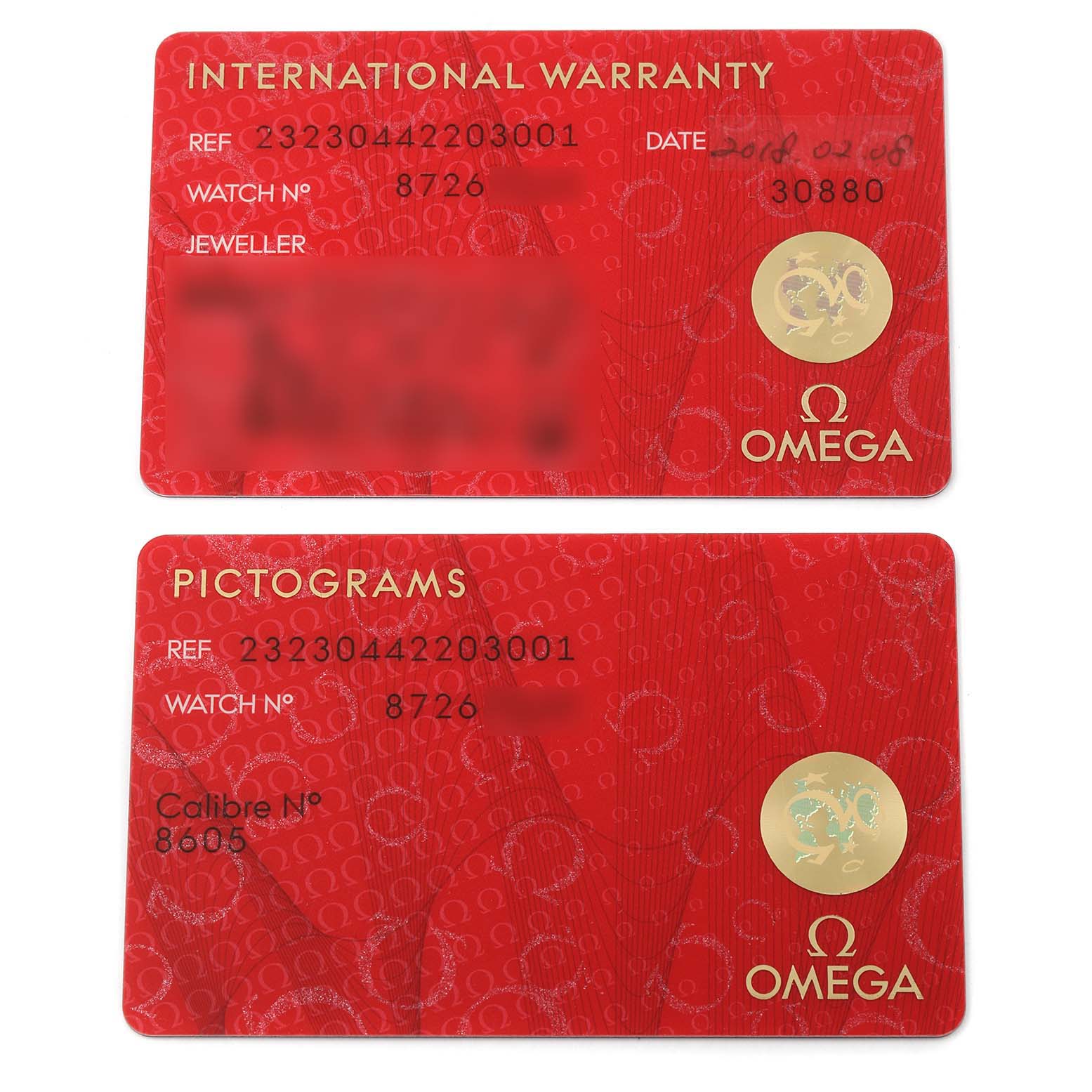 The image shows the international warranty and pictograms cards for the Omega Planet Ocean 232.30.44.22.03.001 Men's Stainless Steel Blue Dial 232.30.44.22.03.001 Men's Stainless Steel Blue Dial watch model.