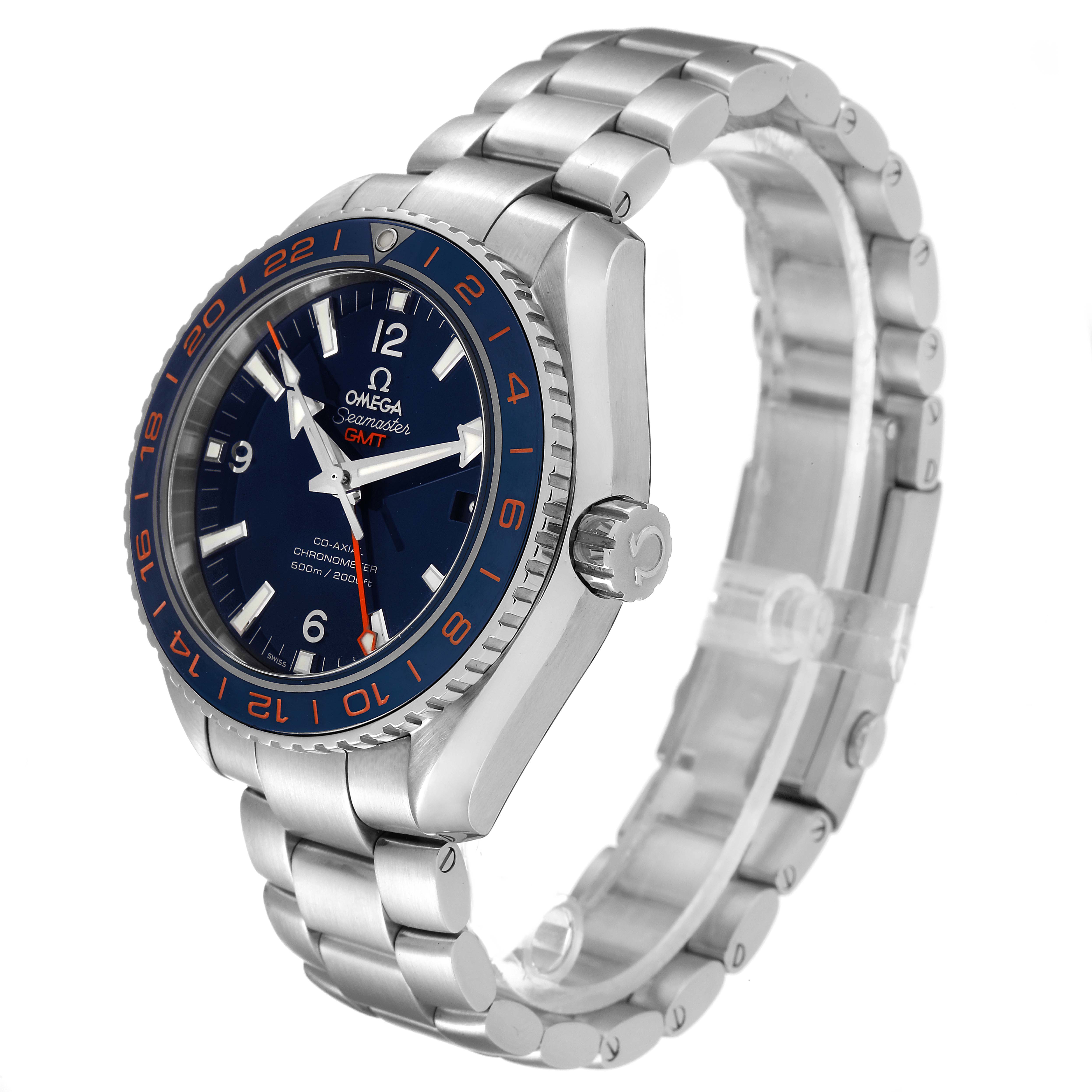 The Omega Planet Ocean 232.30.44.22.03.001 Men's Stainless Steel Blue Dial 232.30.44.22.03.001 Men's Stainless Steel Blue Dial watch is shown at an angled view, highlighting the face, bezel, crown, and metal bracelet.