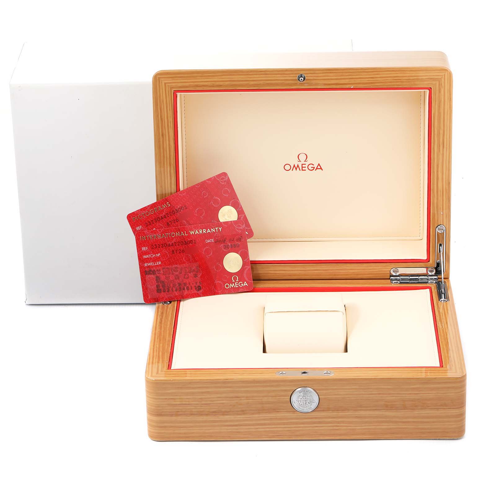 The image shows the open display box and warranty cards for the Omega Planet Ocean 232.30.44.22.03.001 Men's Stainless Steel Blue Dial 232.30.44.22.03.001 Men's Stainless Steel Blue Dial watch.