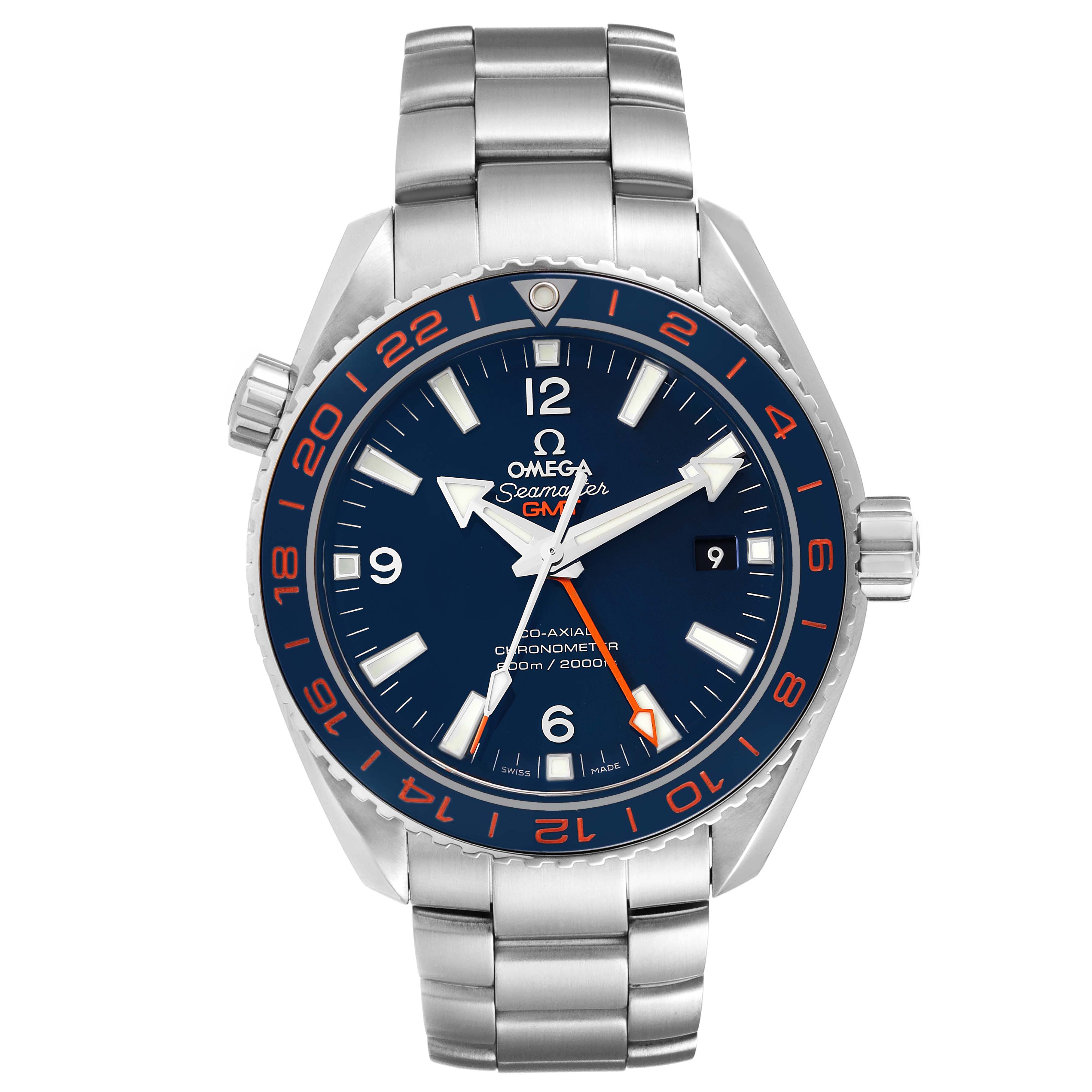 The image shows a front view of the Omega Planet Ocean 232.30.44.22.03.001 Men's Stainless Steel Blue Dial 232.30.44.22.03.001 Men's Stainless Steel Blue Dial watch, featuring its stainless steel bracelet and blue dial.