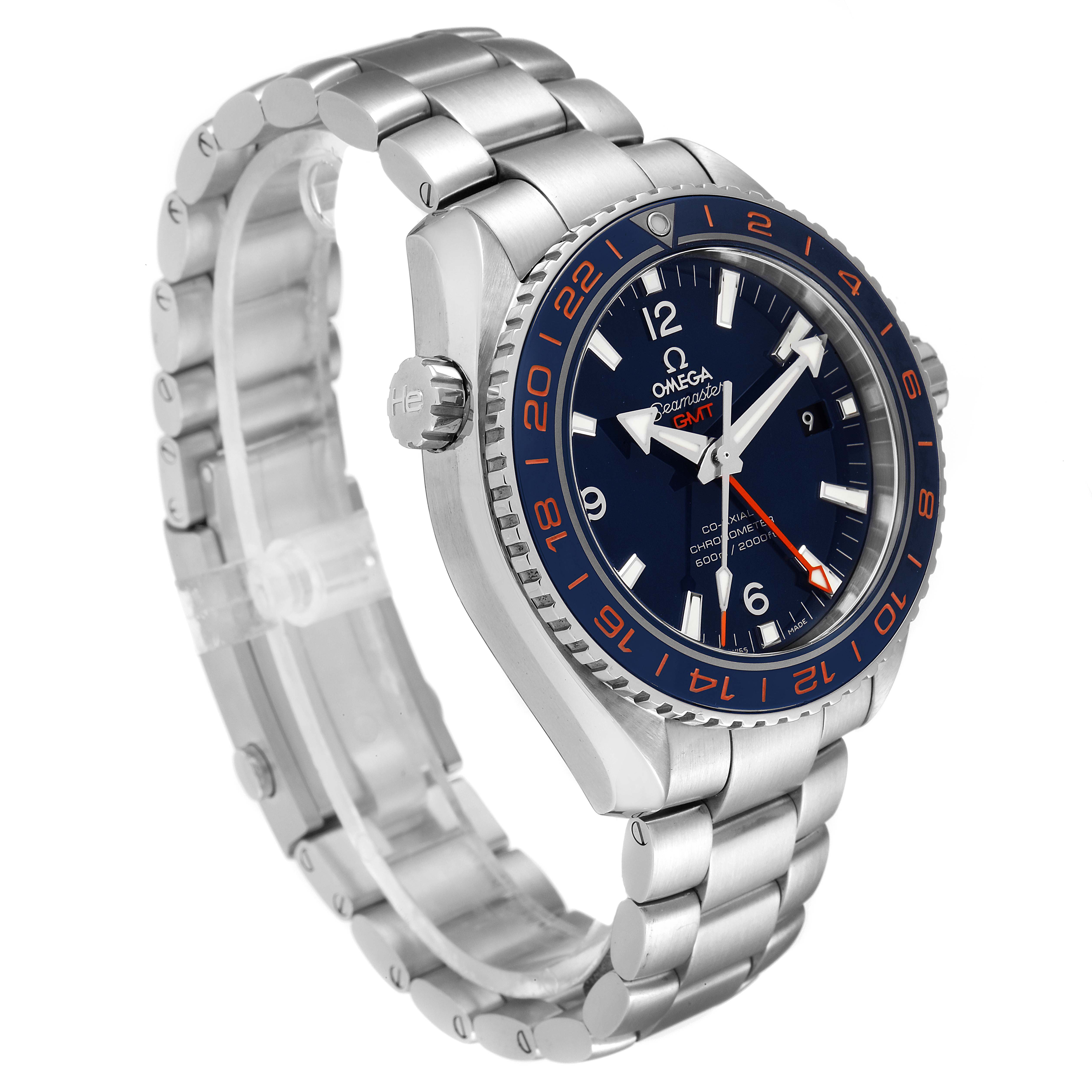 The image shows an Omega Planet Ocean 232.30.44.22.03.001 Men's Stainless Steel Blue Dial 232.30.44.22.03.001 Men's Stainless Steel Blue Dial watch at a slight angle, highlighting the face, bezel, crown, and bracelet.