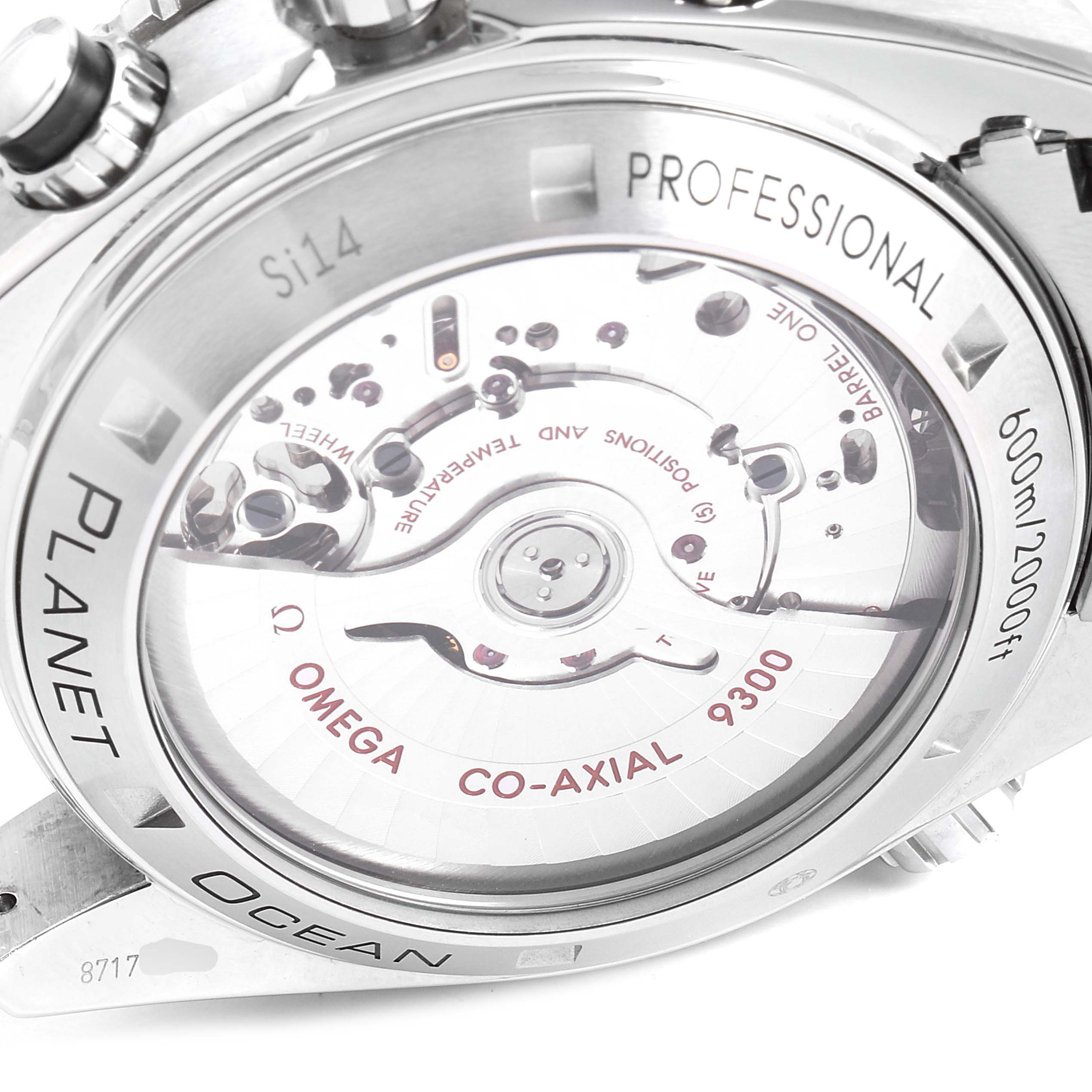 The image shows the back view of the Omega Planet Ocean 232.30.46.51.01.003 Men's Stainless Steel Black Dial 232.30.46.51.01.003 Men's Stainless Steel Black Dial watch, highlighting its internal mechanisms and branding.