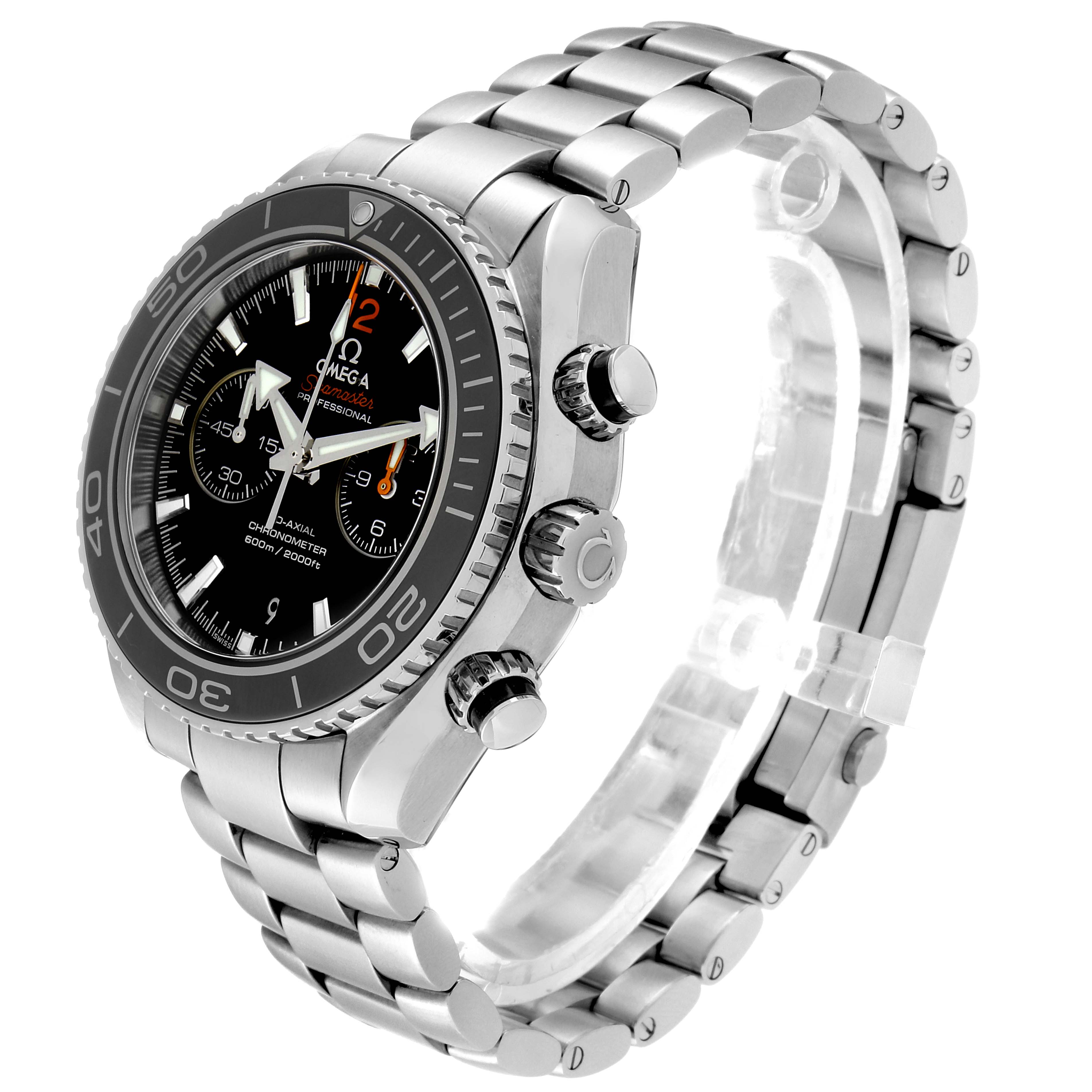 The image shows a side view of the Omega Planet Ocean 232.30.46.51.01.003 Men's Stainless Steel Black Dial 232.30.46.51.01.003 Men's Stainless Steel Black Dial watch, highlighting its bezel, dial, pushers, crown, and bracelet.