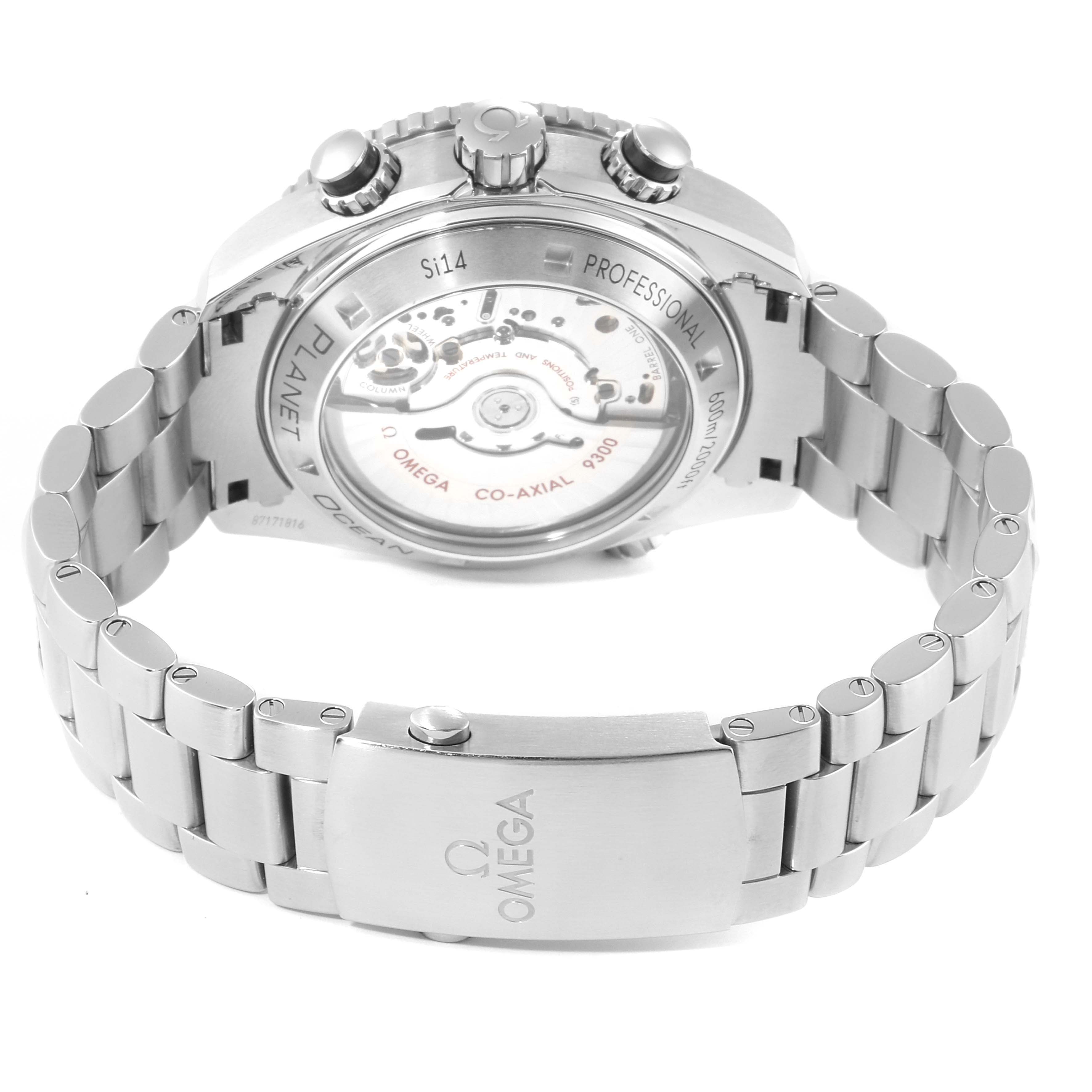 The Planet Ocean model by Omega is shown from the rear, displaying the transparent case back and metal bracelet.