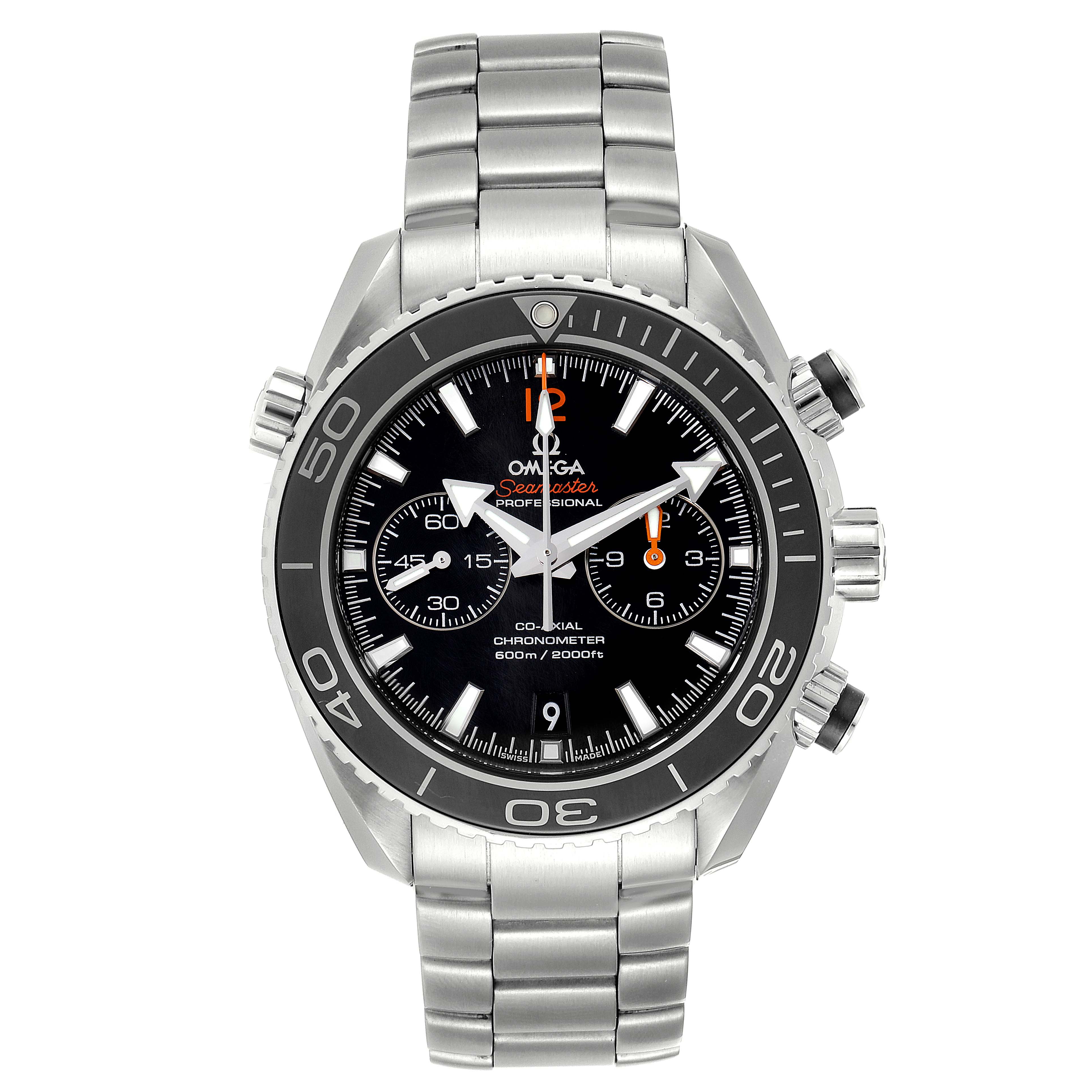 This is an Omega Planet Ocean 232.30.46.51.01.003 Men's Stainless Steel Black Dial 232.30.46.51.01.003 Men's Stainless Steel Black Dial model watch shown from the front, displaying the face, bracelet, and crown.