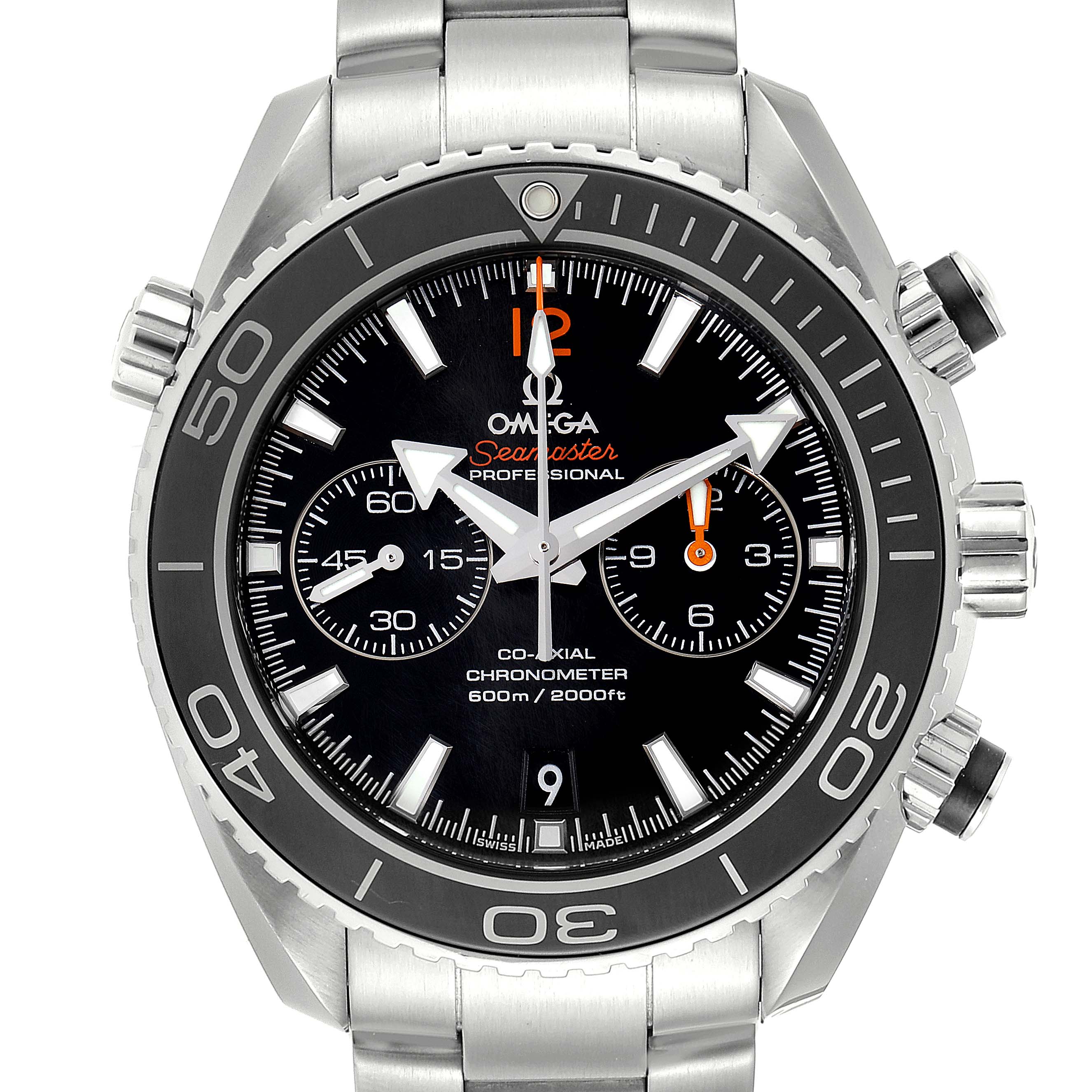 The image shows a frontal view of the Omega Planet Ocean 232.30.46.51.01.003 Men's Stainless Steel Black Dial 232.30.46.51.01.003 Men's Stainless Steel Black Dial model, displaying the dial, bezel, and stainless steel bracelet clearly.