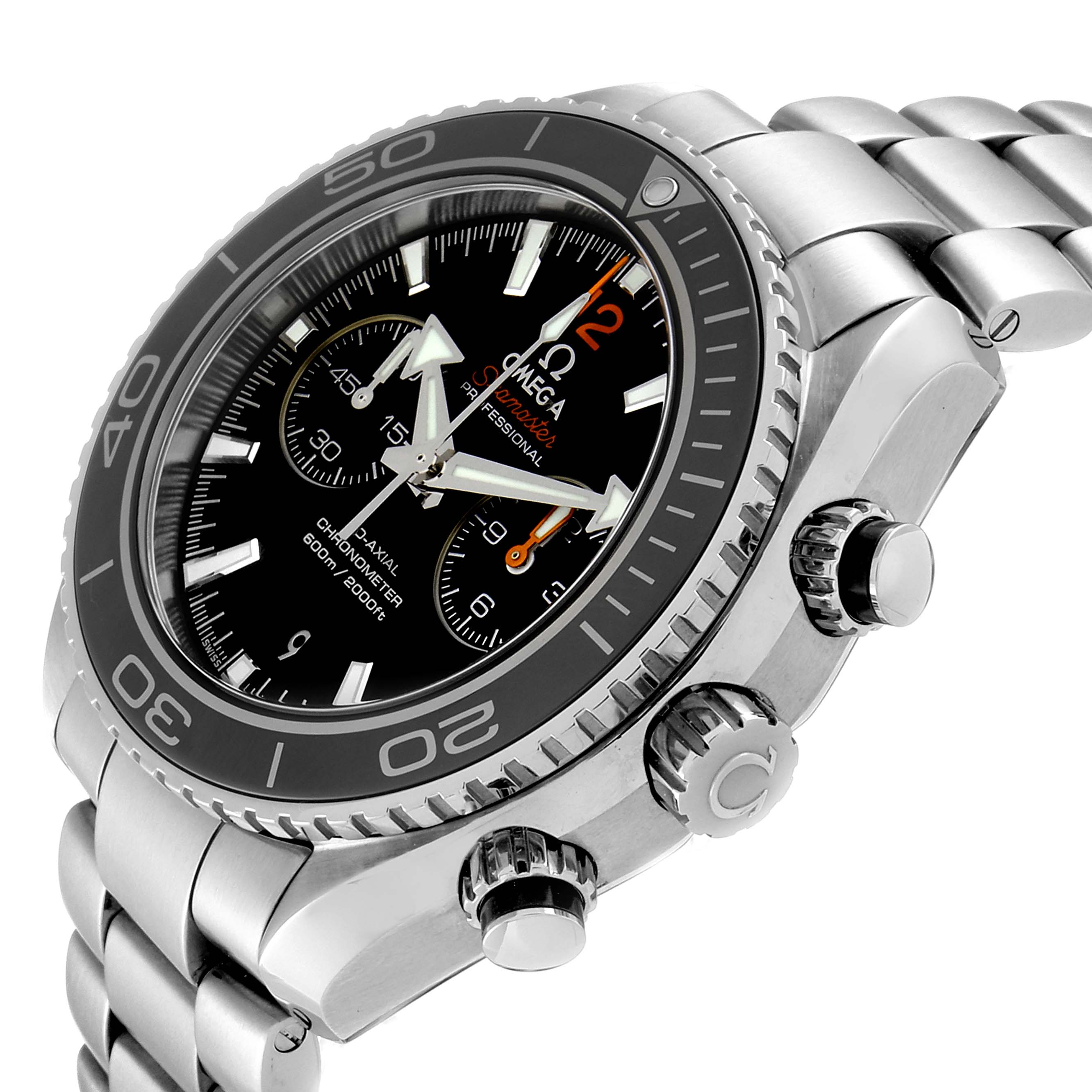 The Omega Planet Ocean 232.30.46.51.01.003 Men's Stainless Steel Black Dial 232.30.46.51.01.003 Men's Stainless Steel Black Dial watch is shown at a 3/4 angle, displaying its dial, crown, and part of the bracelet.