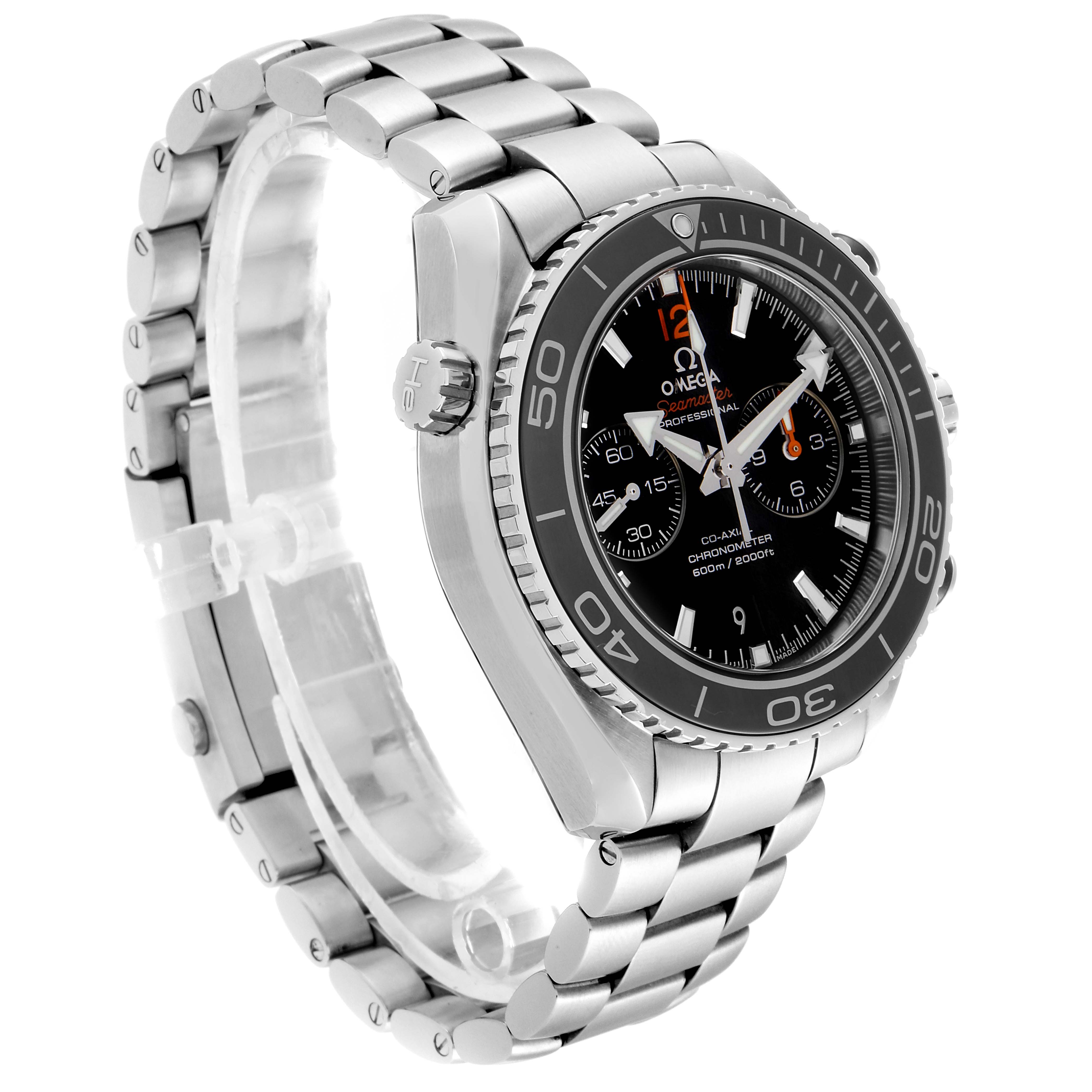 The image shows an angled view of an Omega Planet Ocean 232.30.46.51.01.003 Men's Stainless Steel Black Dial 232.30.46.51.01.003 Men's Stainless Steel Black Dial watch, displaying its bezel, dial, crown, and stainless steel bracelet.