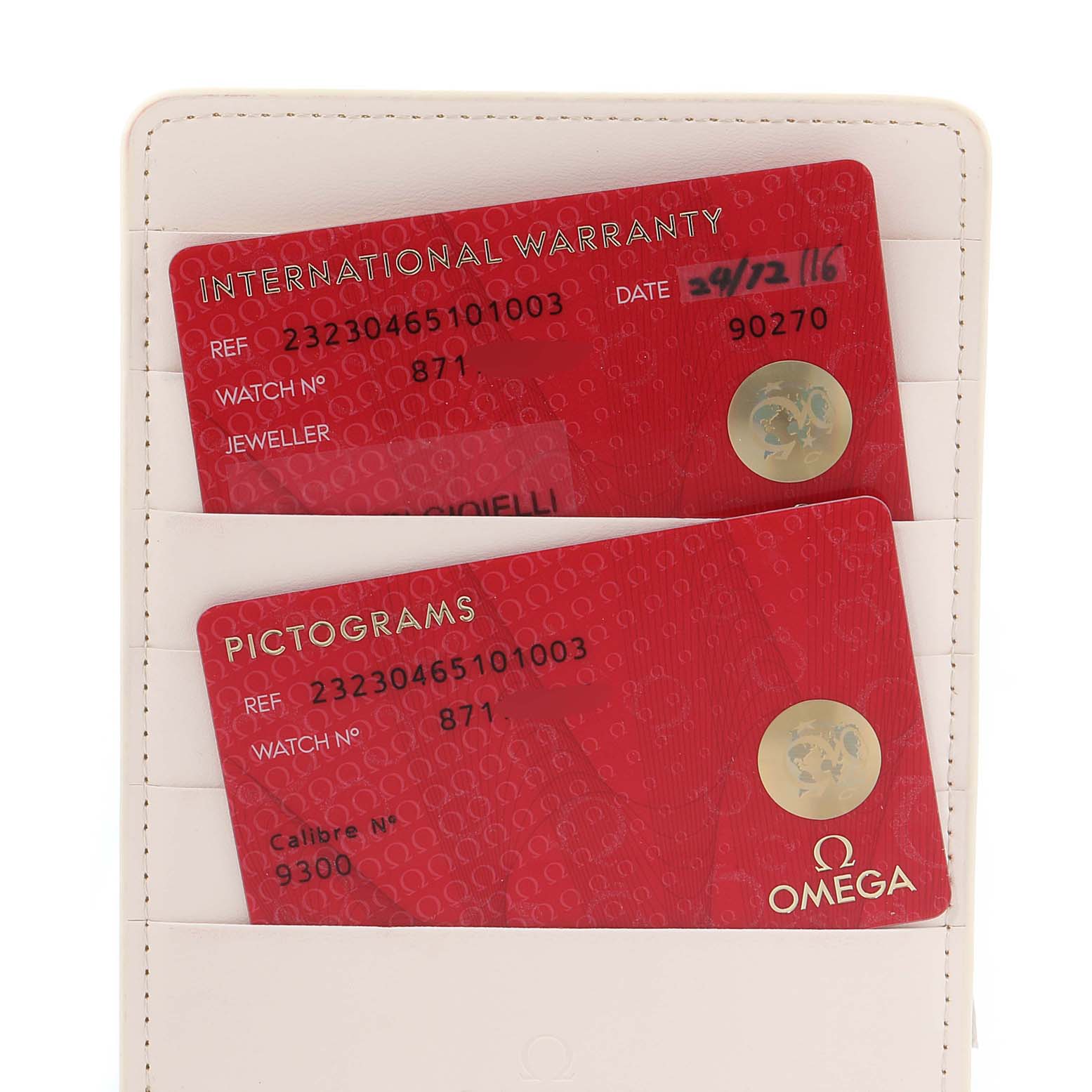 The image shows the International Warranty and Pictograms cards for the Omega Planet Ocean 232.30.46.51.01.003 Men's Stainless Steel Black Dial 232.30.46.51.01.003 Men's Stainless Steel Black Dial watch.