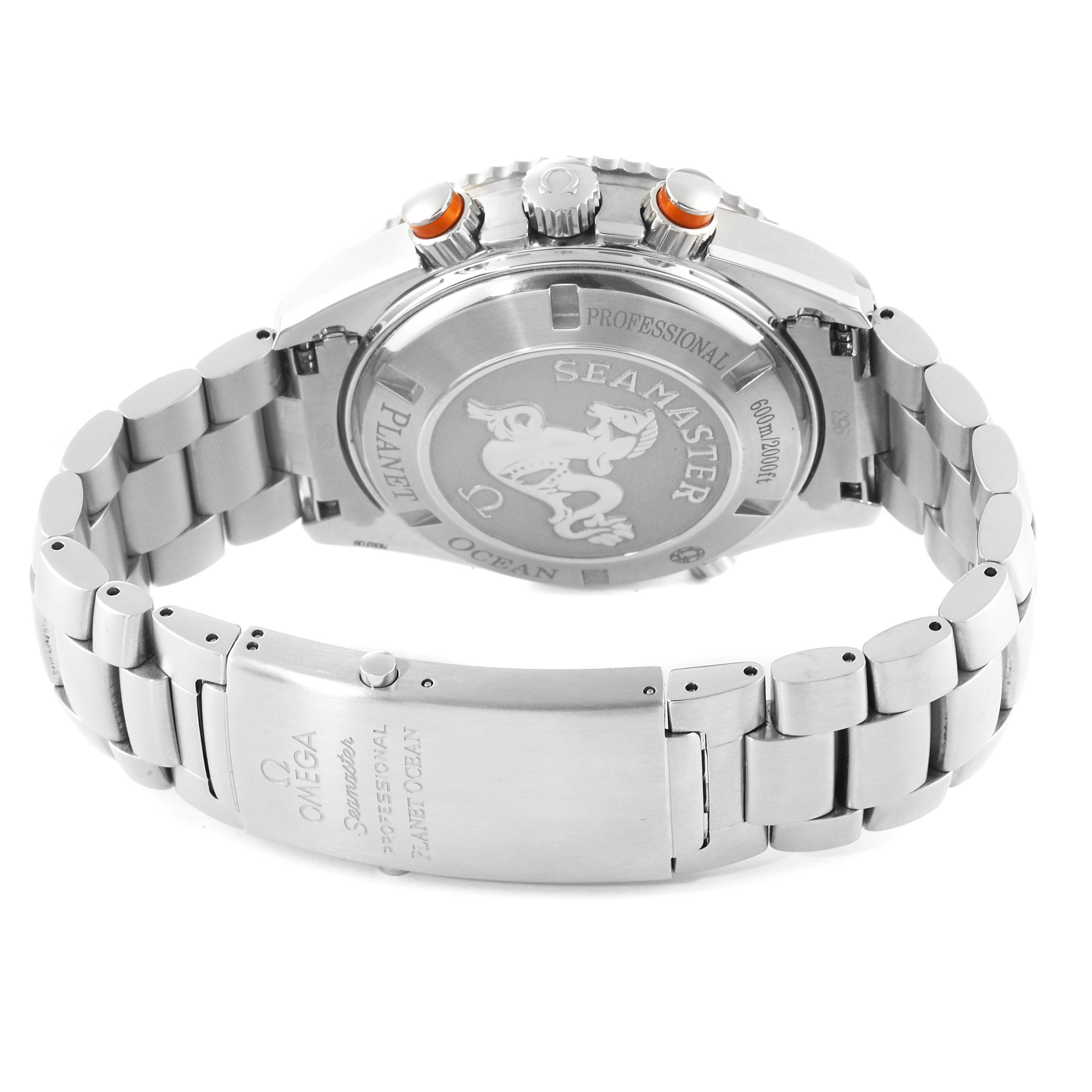 The Omega Planet Ocean 2218.50.00 Men
s Stainless Steel Black Dial 2218.50.00 Men
s Stainless Steel Black Dial watch is shown from the back, highlighting its case back, bracelet, and clasp with engraved details.