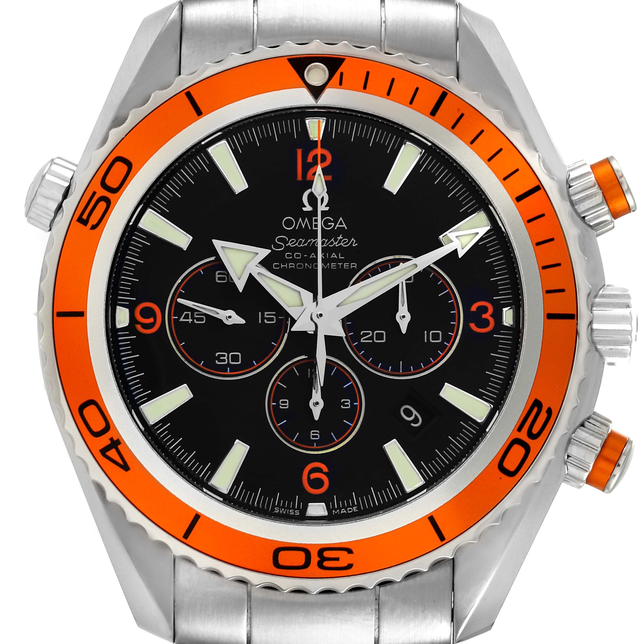 The image shows a front view of the Omega Seamaster Planet Ocean watch, highlighting its orange bezel and chronograph features.