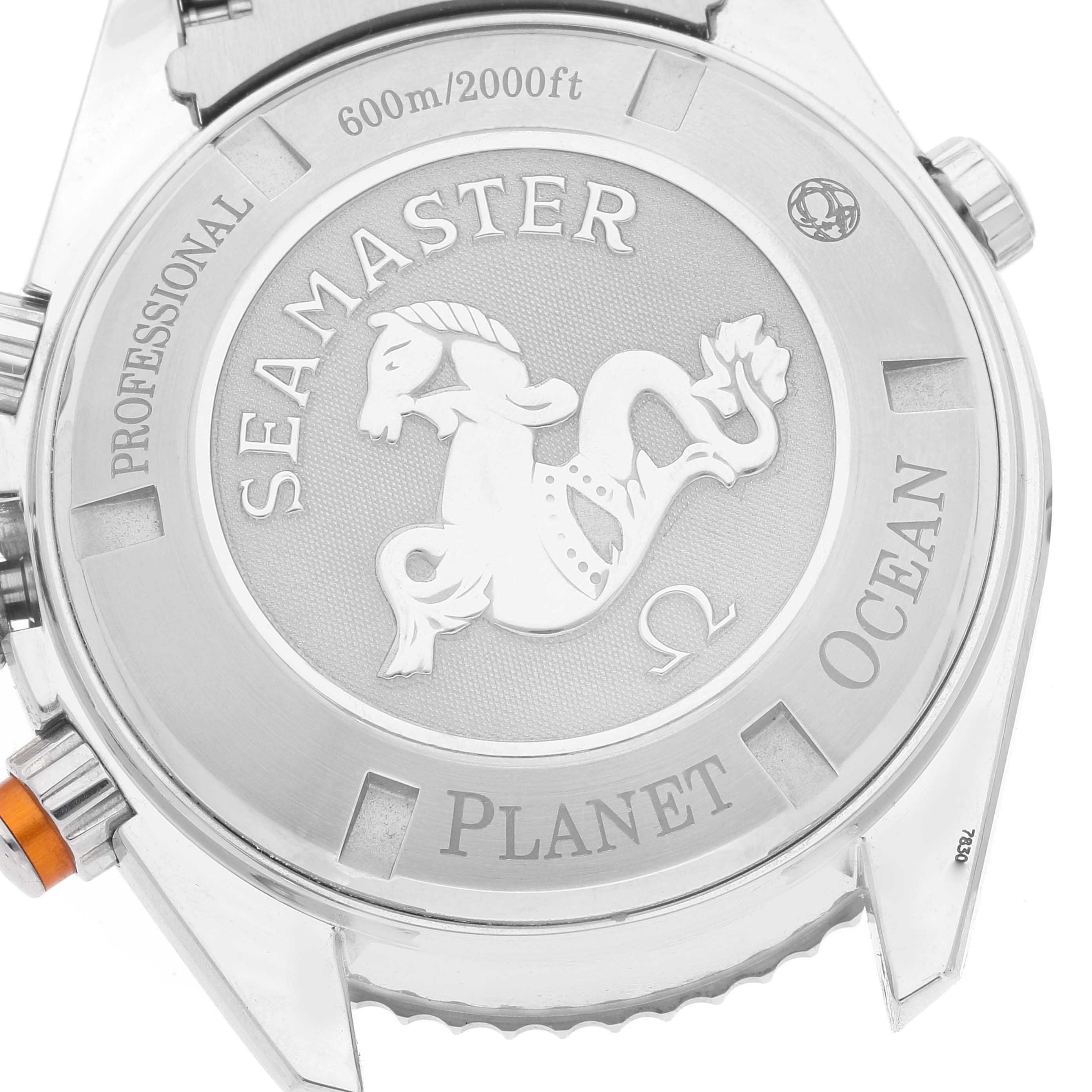 This image displays the back case of the Omega Planet Ocean 2218.50.00 Men
s Stainless Steel Black Dial 2218.50.00 Men
s Stainless Steel Black Dial Seamaster, showing its depth rating and branding.