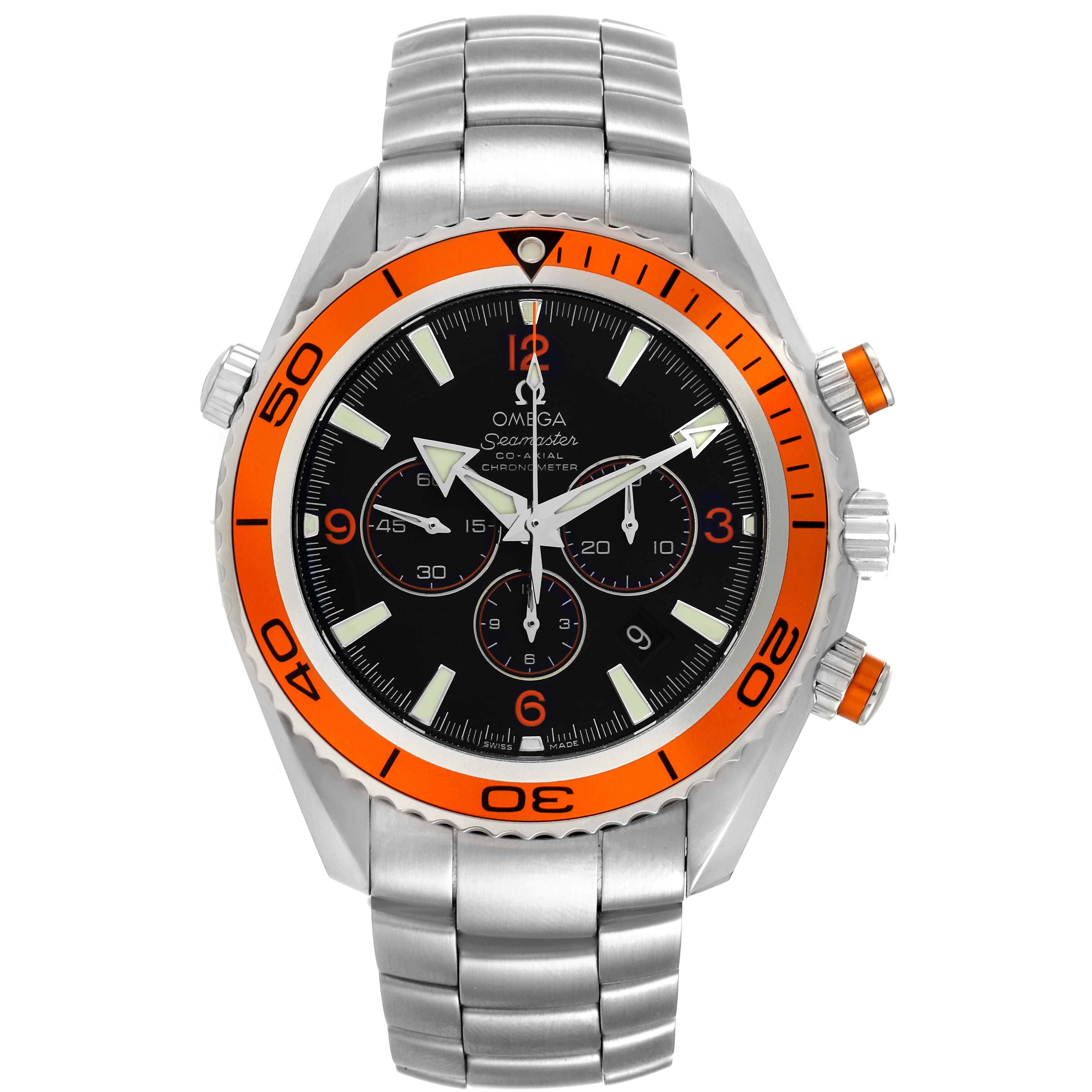 This Omega Planet Ocean 2218.50.00 Men
s Stainless Steel Black Dial 2218.50.00 Men
s Stainless Steel Black Dial watch is shown from the top, featuring its dial, bezel, and stainless steel bracelet.