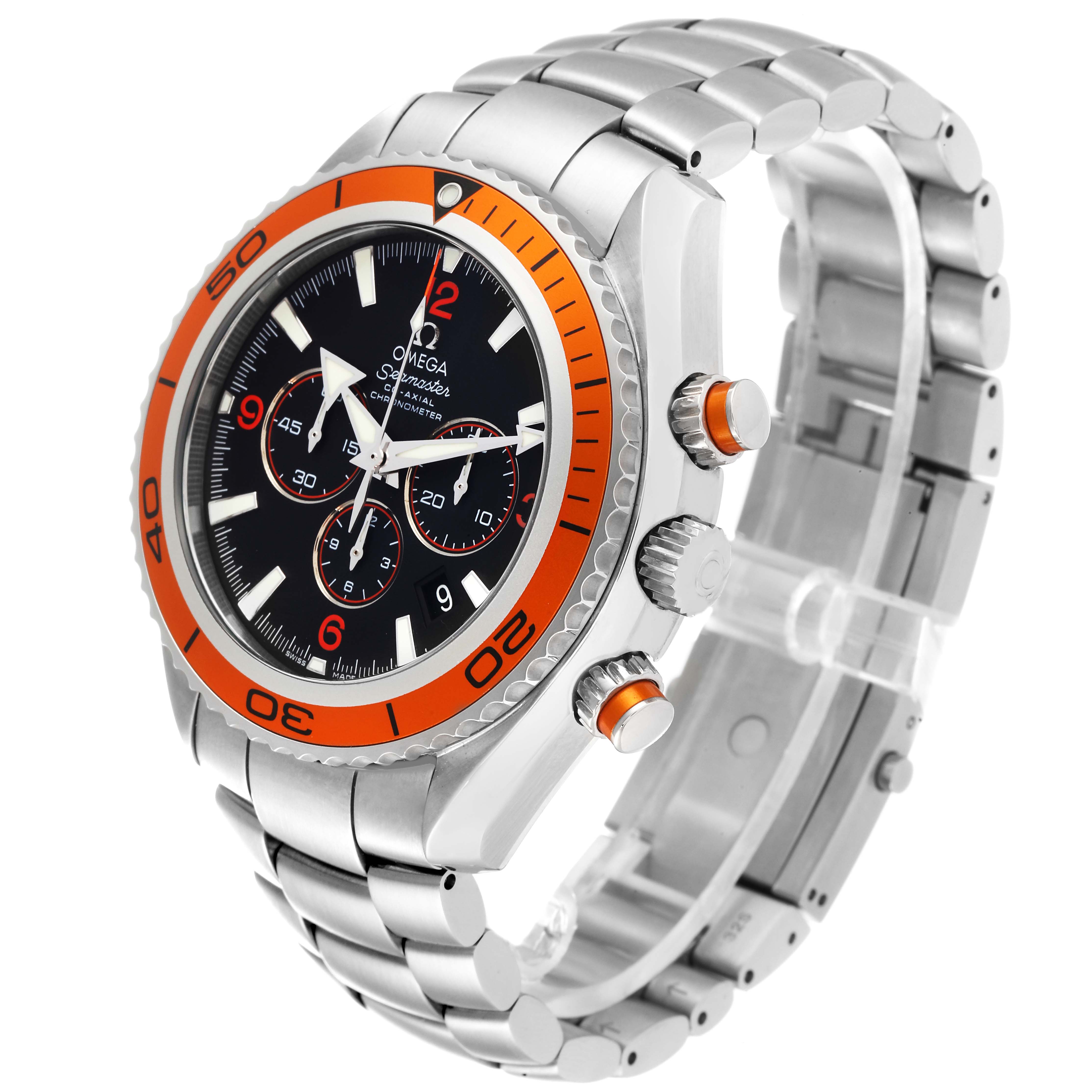 This Omega Planet Ocean 2218.50.00 Men
s Stainless Steel Black Dial 2218.50.00 Men
s Stainless Steel Black Dial model watch is shown at an angle highlighting the bezel, dial, crown, pushers, and bracelet.