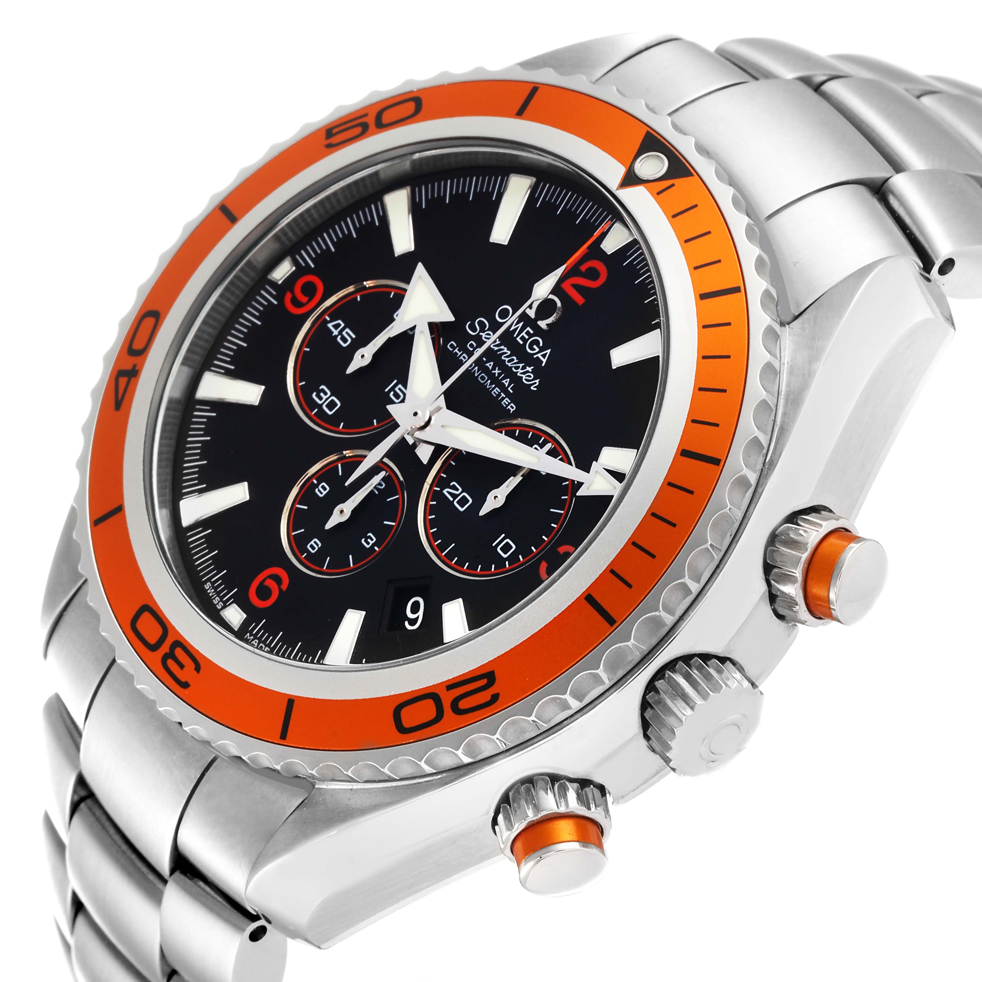 The Omega Planet Ocean 2218.50.00 Men
s Stainless Steel Black Dial 2218.50.00 Men
s Stainless Steel Black Dial watch is shown from an angled close-up view highlighting the face, bezel, crown, and case.