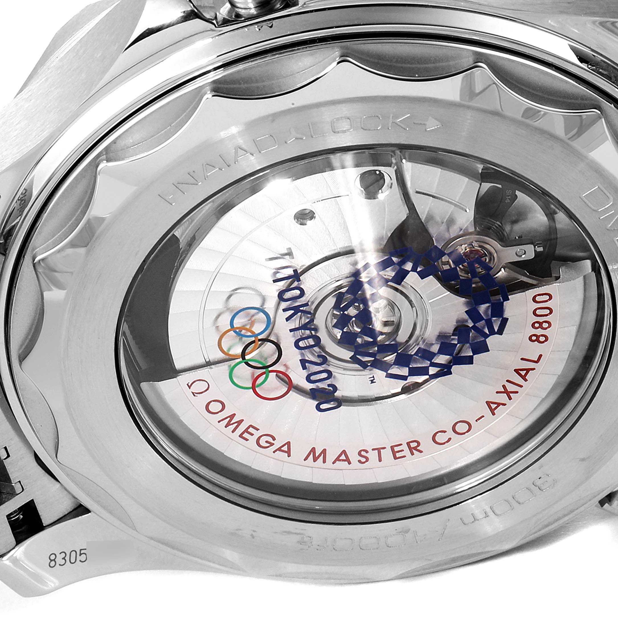 The image shows the back of the Omega Seamaster 522.30.42.20.04.001 Men's Stainless Steel White Dial 522.30.42.20.04.001 Men's Stainless Steel White Dial watch, highlighting its transparent case back and internal mechanism.