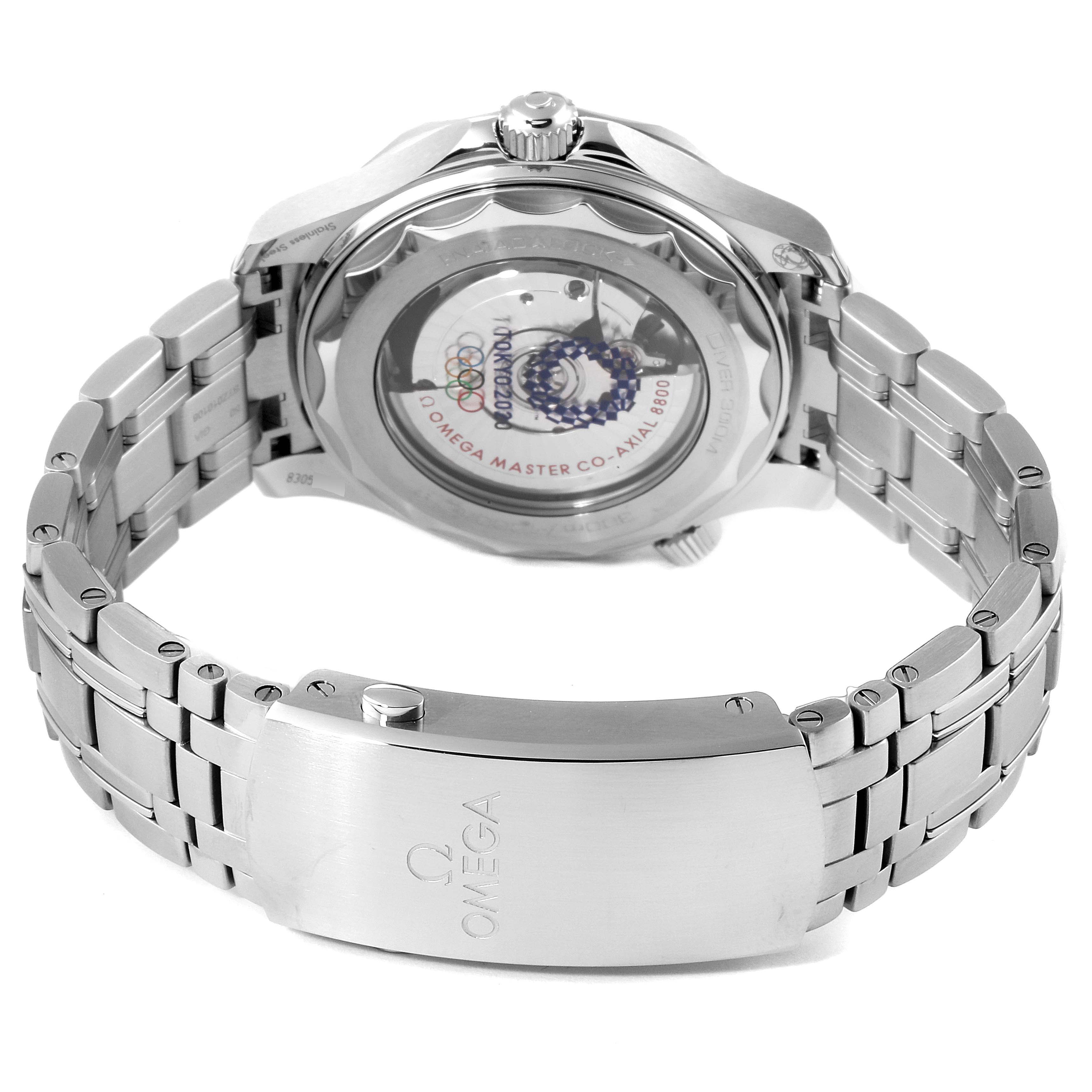 The image shows the back view of an Omega Seamaster 522.30.42.20.04.001 Men's Stainless Steel White Dial 522.30.42.20.04.001 Men's Stainless Steel White Dial watch, highlighting the transparent case back and stainless steel bracelet.