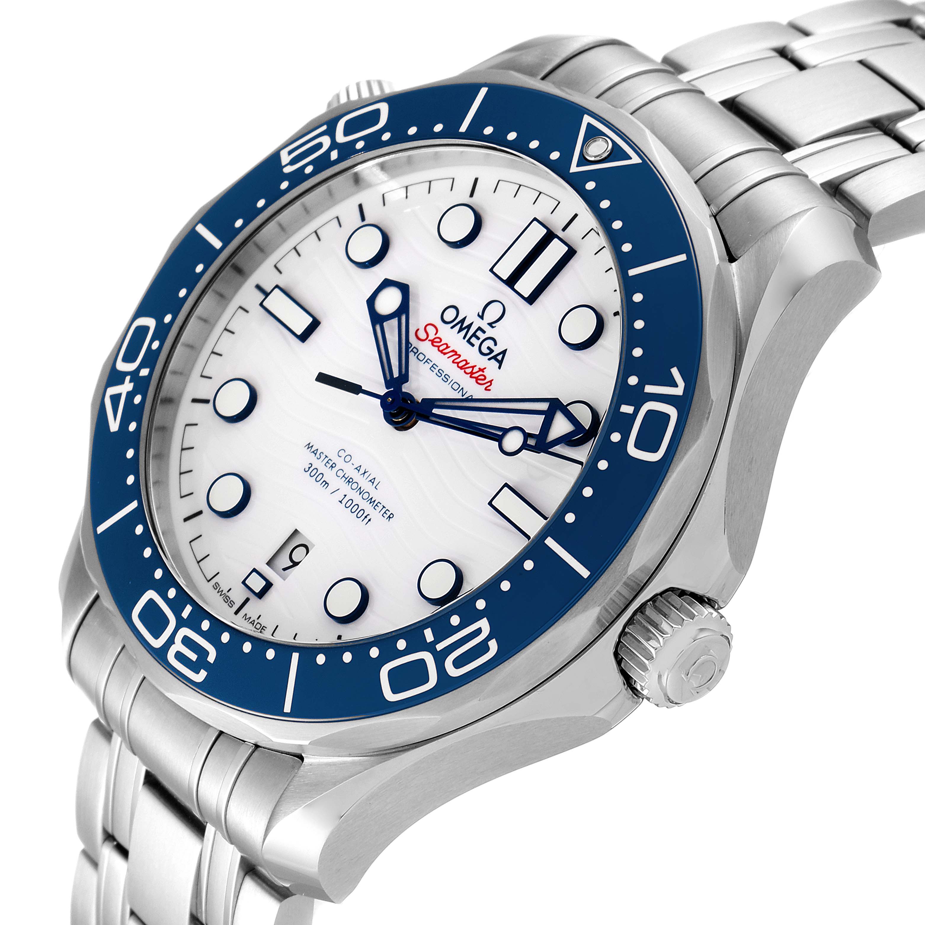 The image shows an angled view of the Omega Seamaster 522.30.42.20.04.001 Men's Stainless Steel White Dial 522.30.42.20.04.001 Men's Stainless Steel White Dial watch, highlighting its bezel, dial, crown, and bracelet.