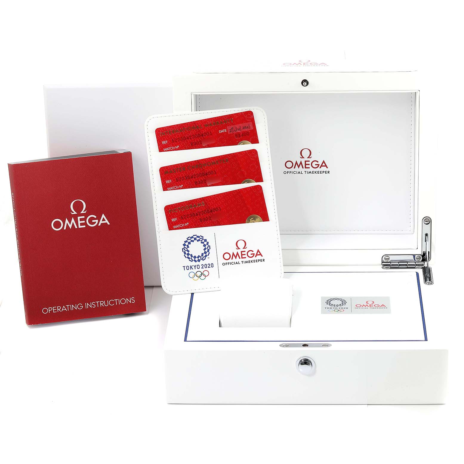 The image shows the Omega Seamaster 522.30.42.20.04.001 Men's Stainless Steel White Dial 522.30.42.20.04.001 Men's Stainless Steel White Dial watch's box, warranty cards, and operating instructions.