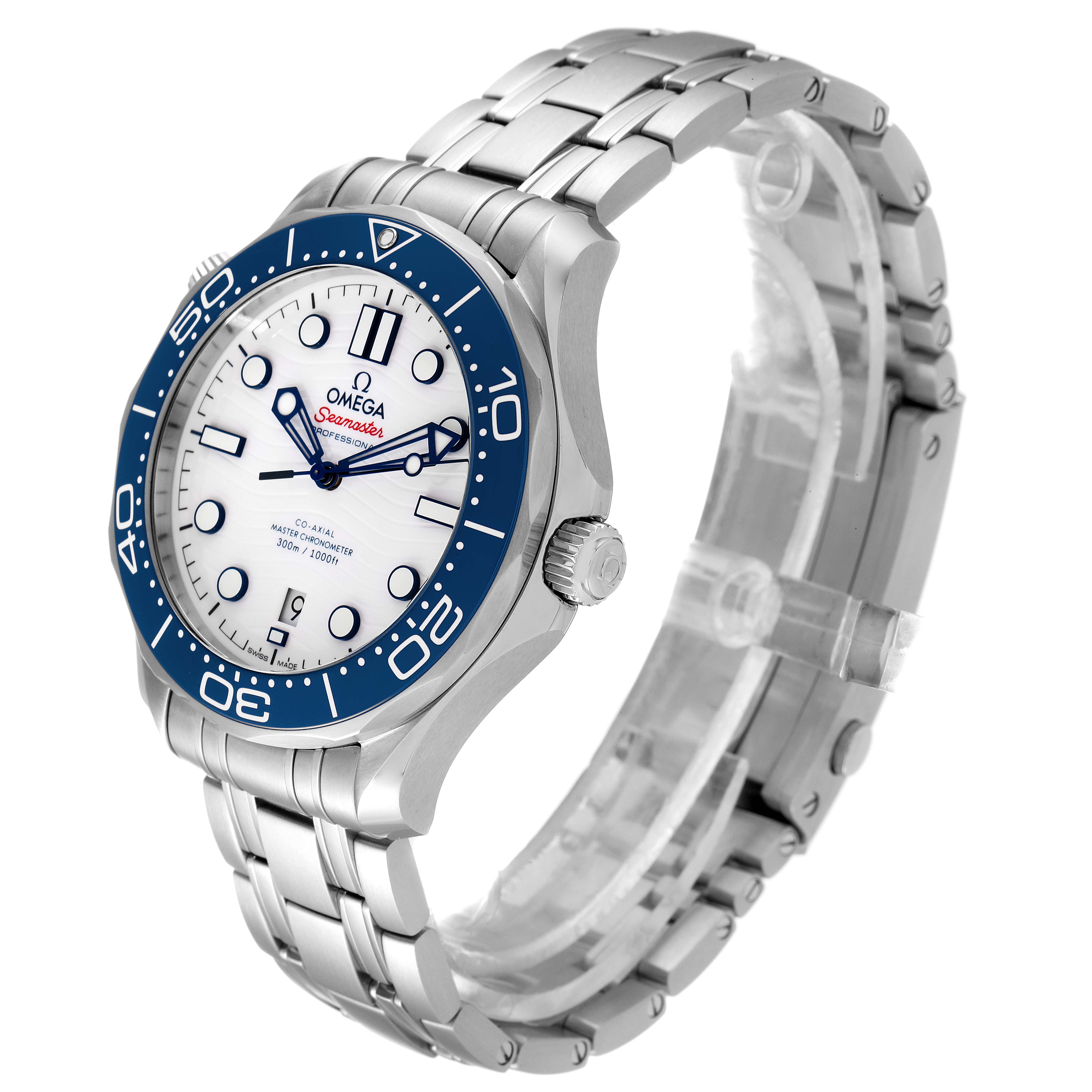 The image shows a side view of the Omega Seamaster 522.30.42.20.04.001 Men's Stainless Steel White Dial 522.30.42.20.04.001 Men's Stainless Steel White Dial watch displaying the dial, bezel, crown, and bracelet.