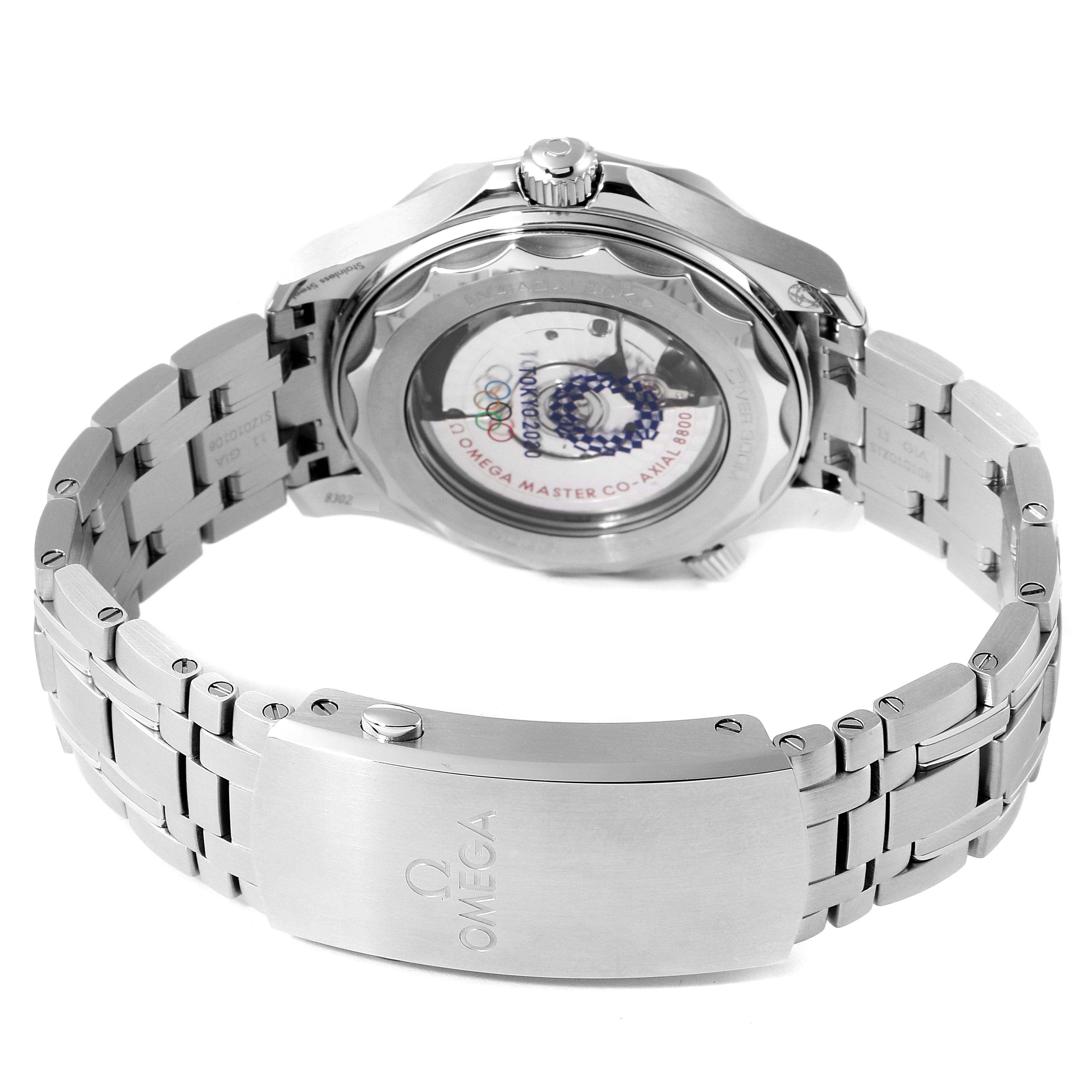 This image shows the back view of the Omega Seamaster 522.30.42.20.04.001 Men's Stainless Steel White Dial 522.30.42.20.04.001 Men's Stainless Steel White Dial watch, highlighting its transparent case back and metal bracelet.