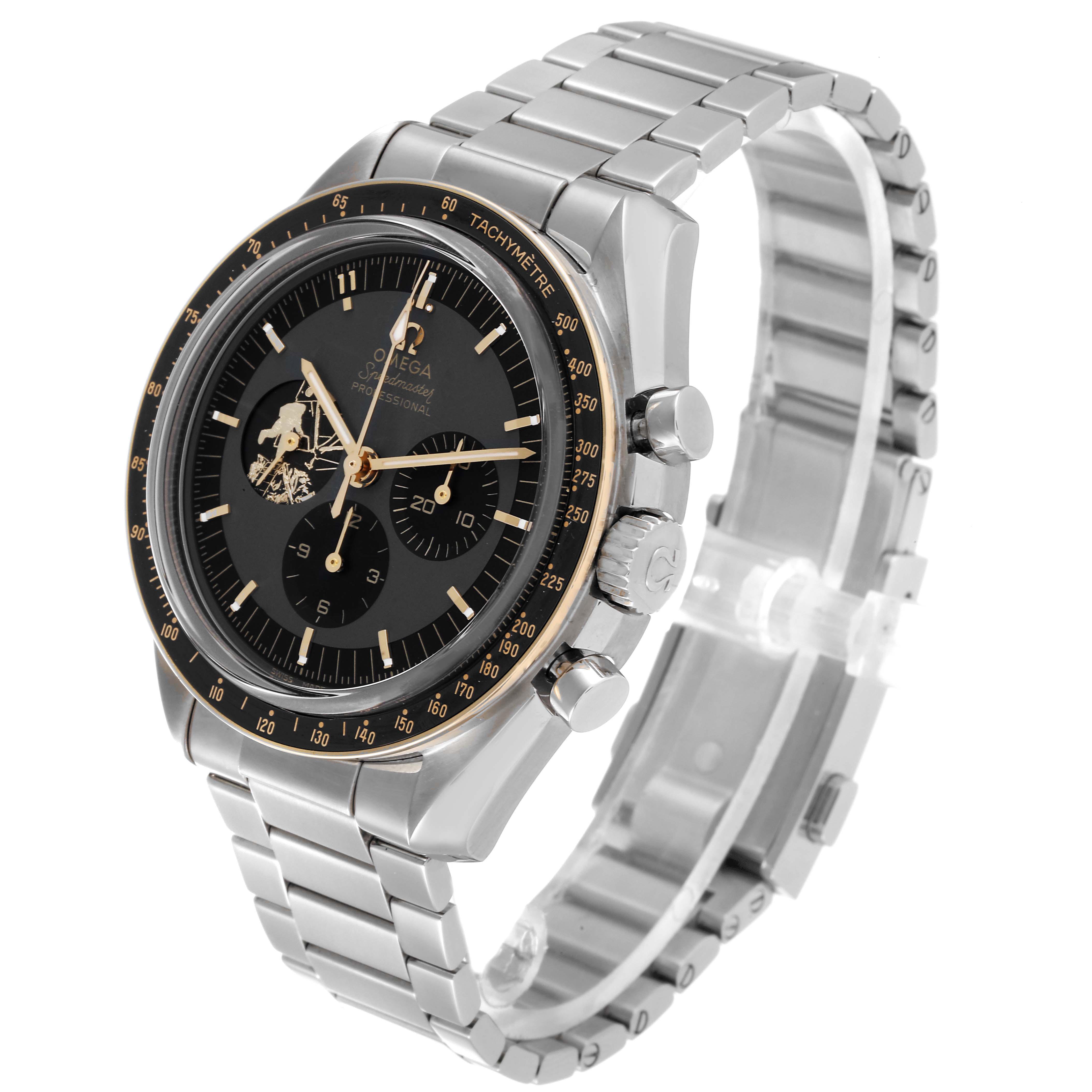 The image shows an angled view of the Omega Speedmaster 310.20.42.50.01.001 Men's Stainless Steel Grey Dial 310.20.42.50.01.001 Men's Stainless Steel Grey Dial watch, highlighting the dial, bezel, chronograph buttons, and metal bracelet.