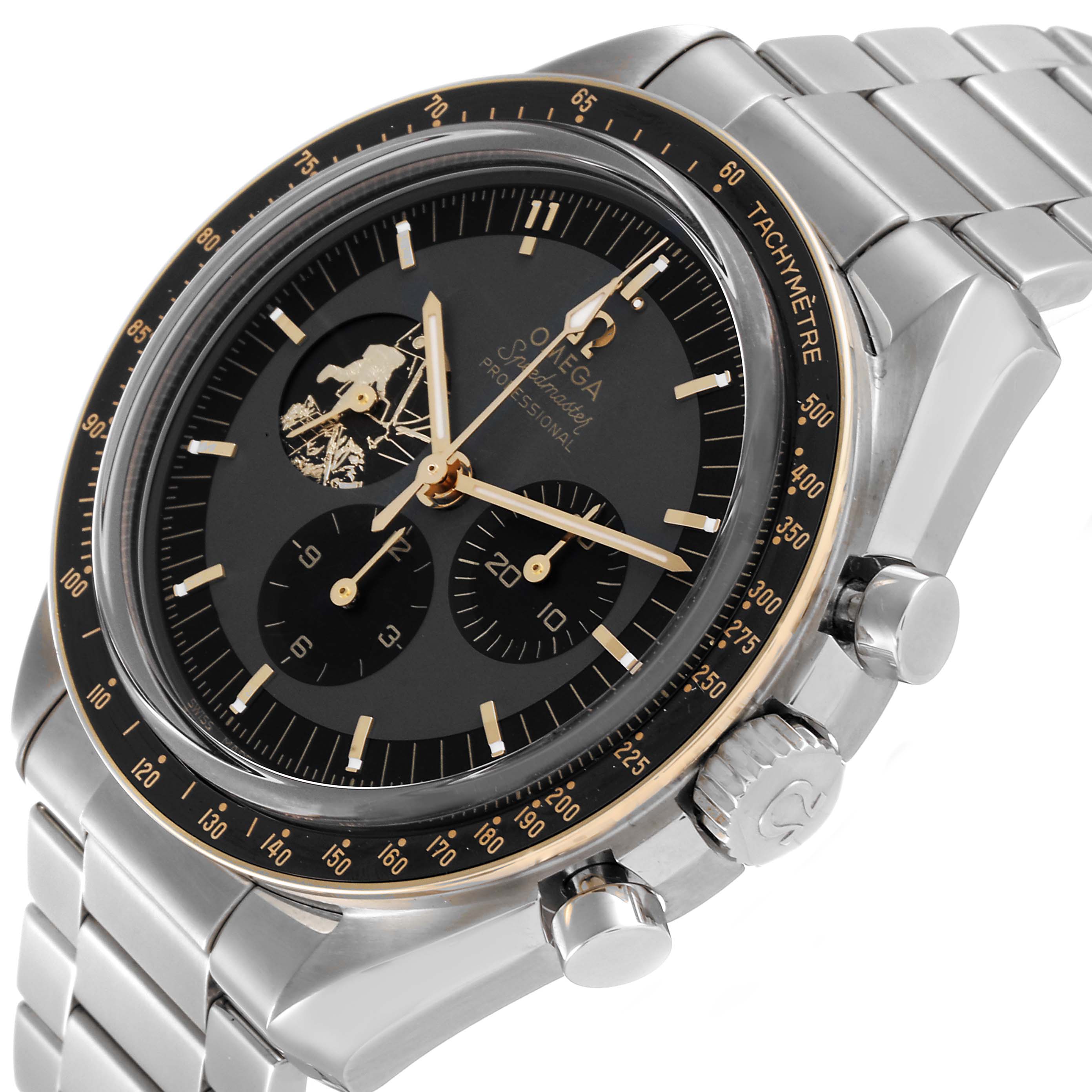 The Omega Speedmaster 310.20.42.50.01.001 Men's Stainless Steel Grey Dial 310.20.42.50.01.001 Men's Stainless Steel Grey Dial watch is shown at a slight angle from the front-right, highlighting the bracelet, bezel, and chronograph dials.