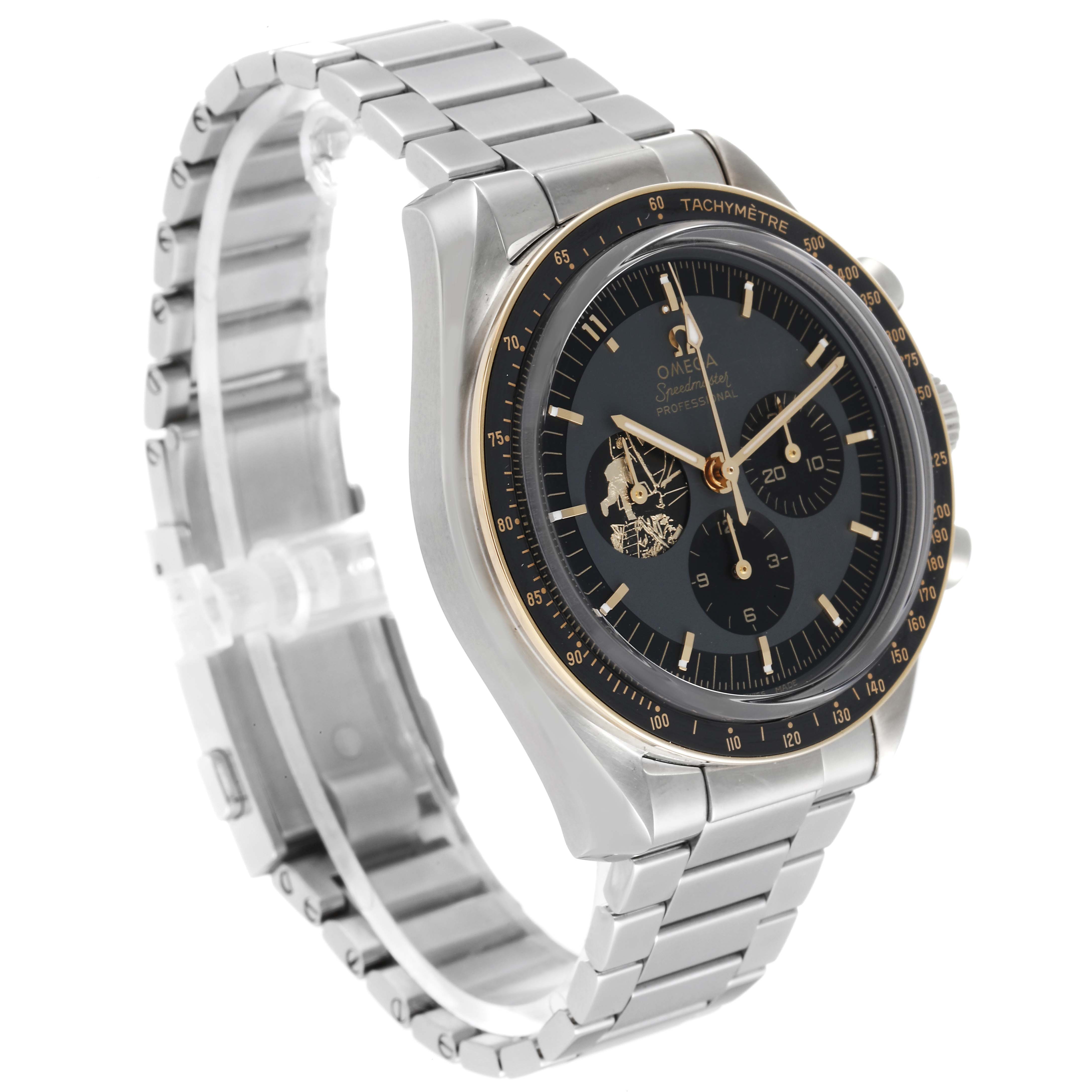 The image shows an angled side view of an Omega Speedmaster 310.20.42.50.01.001 Men's Stainless Steel Grey Dial 310.20.42.50.01.001 Men's Stainless Steel Grey Dial watch, highlighting its face, bezel, and metal bracelet.