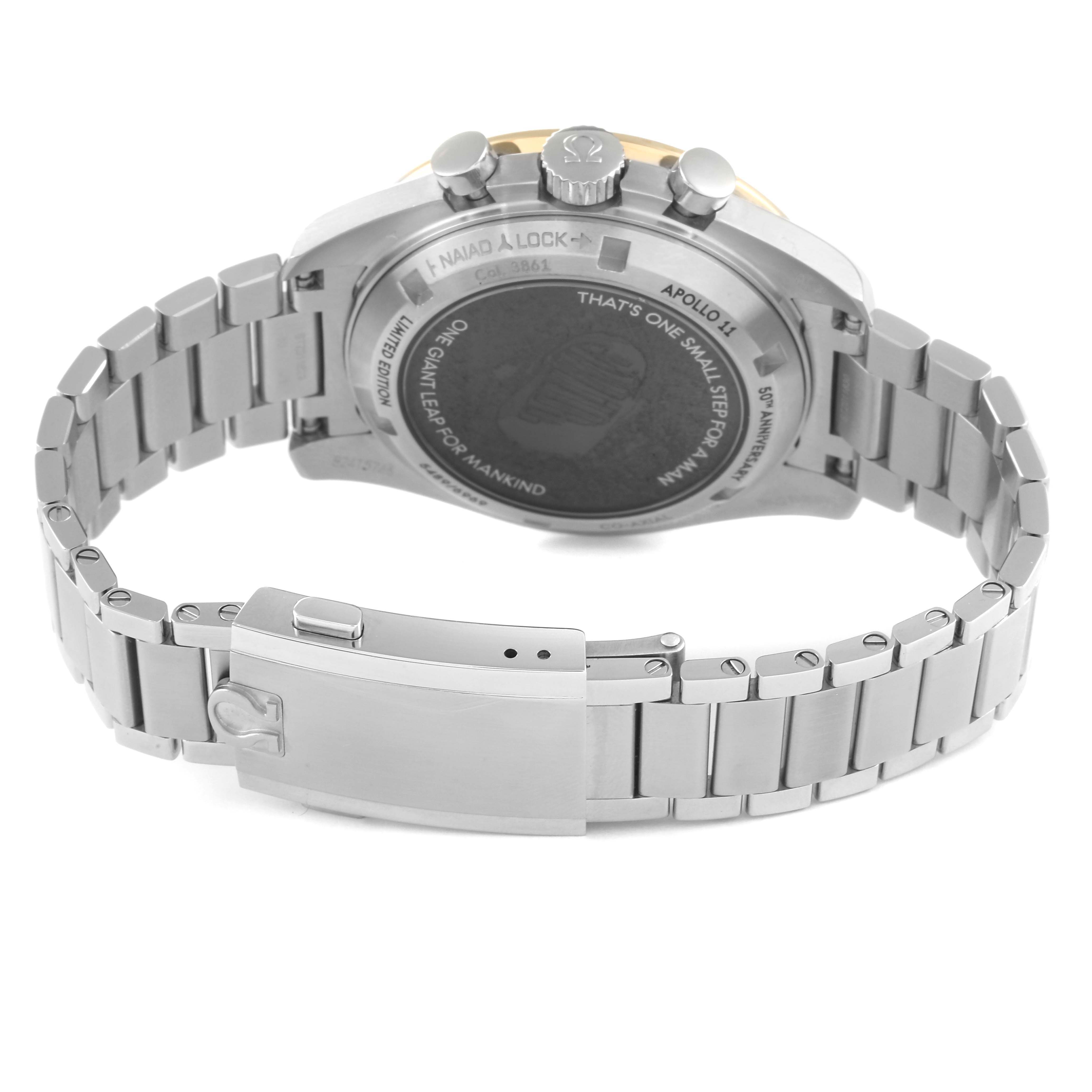 The image shows the backside and stainless steel bracelet of an Omega Speedmaster 310.20.42.50.01.001 Men's Stainless Steel Grey Dial 310.20.42.50.01.001 Men's Stainless Steel Grey Dial watch.